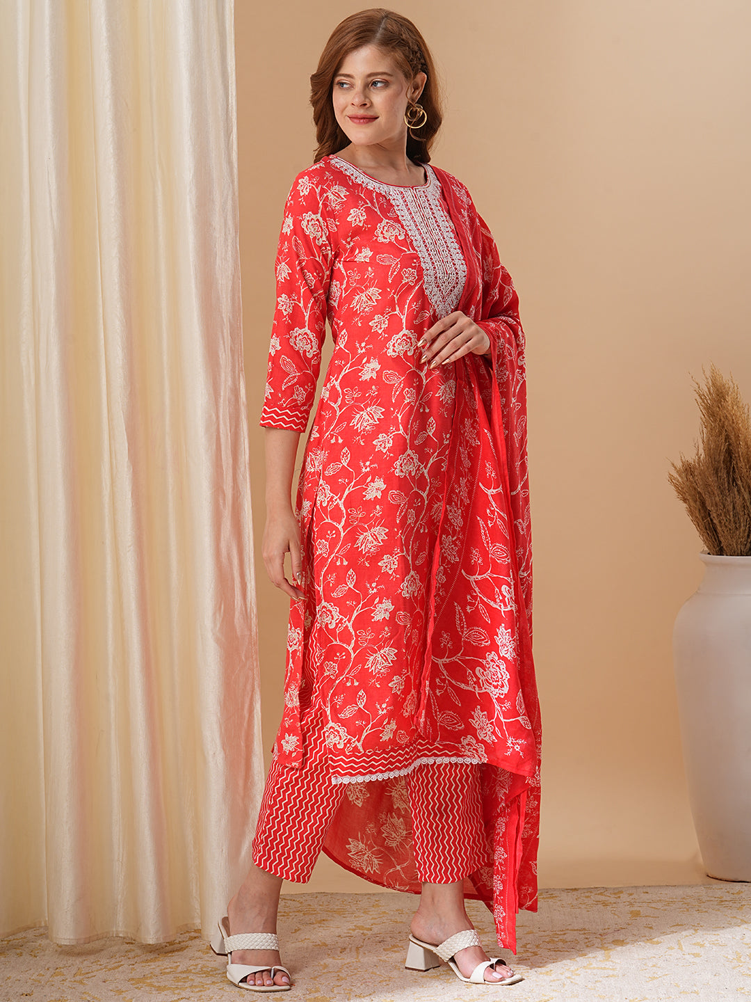 Fashor Floral Printed & Embroidered Straight Kurta with Pant & Dupatta - Red - view 4