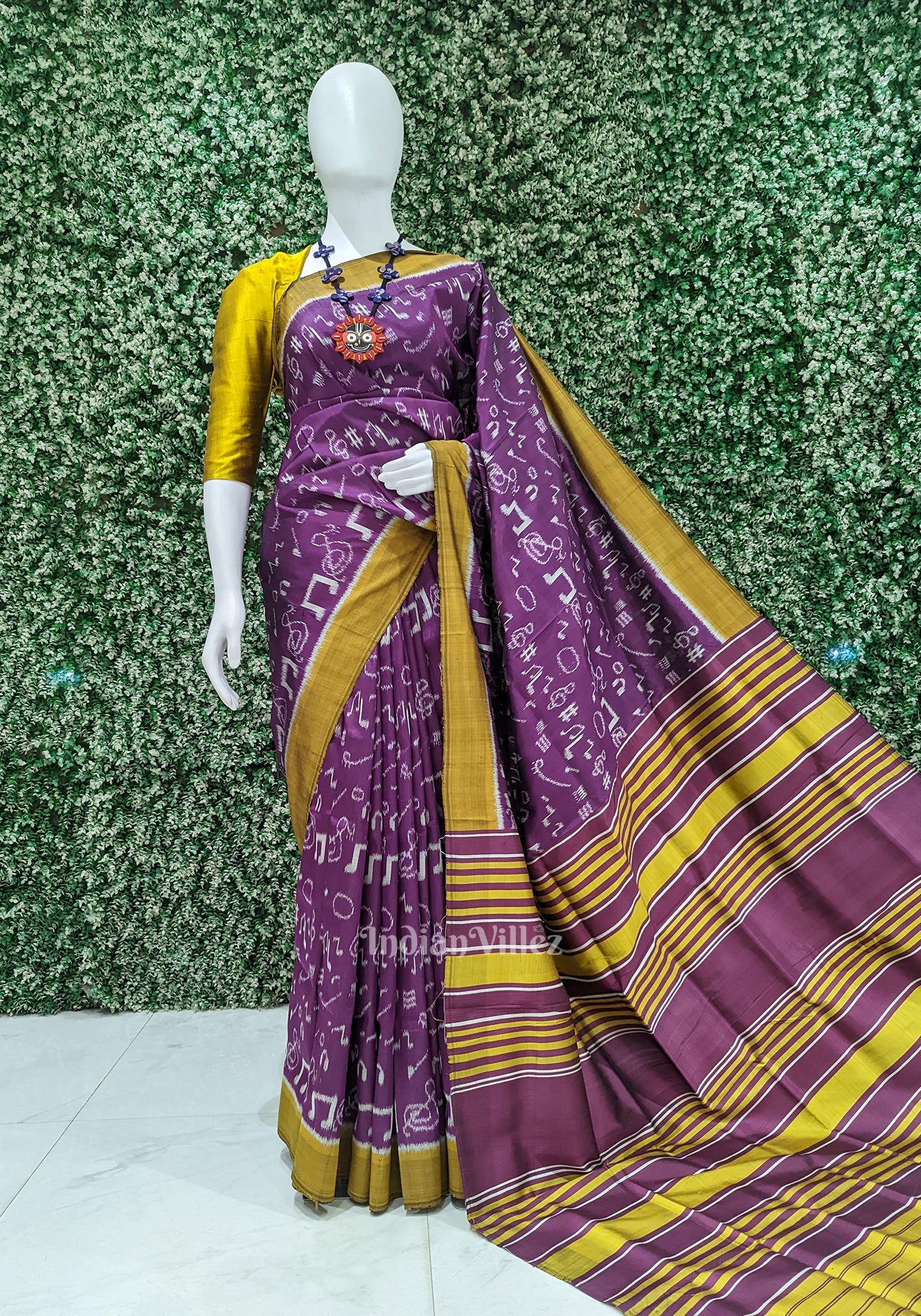 IndianVillèz Purple with Mustard yellow Music Instrumental Theme Ikat Silk Saree