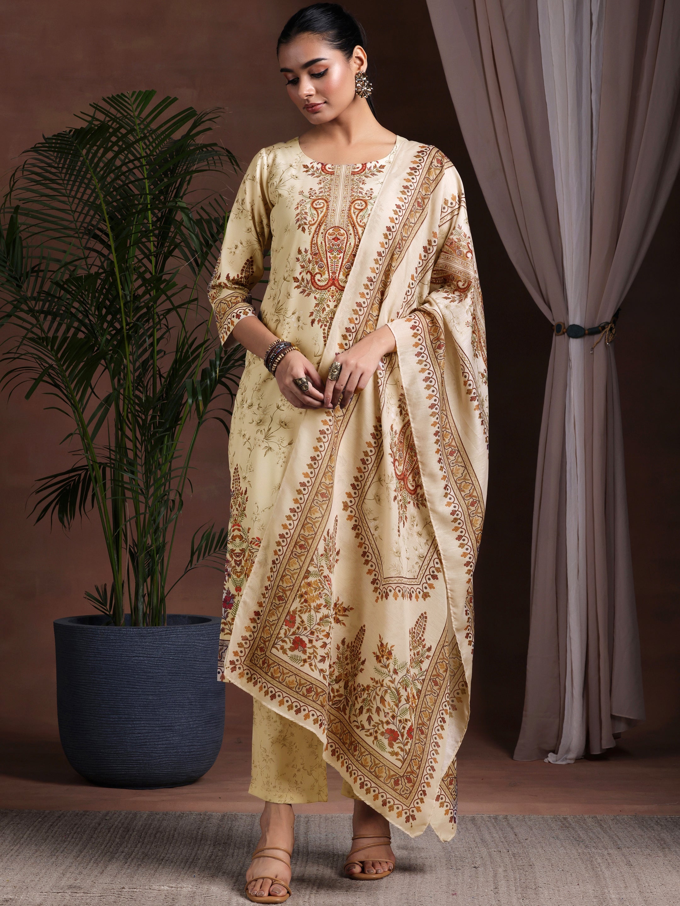 Libas Beige Printed Poly Crepe Straight Suit With Dupatta - view 2