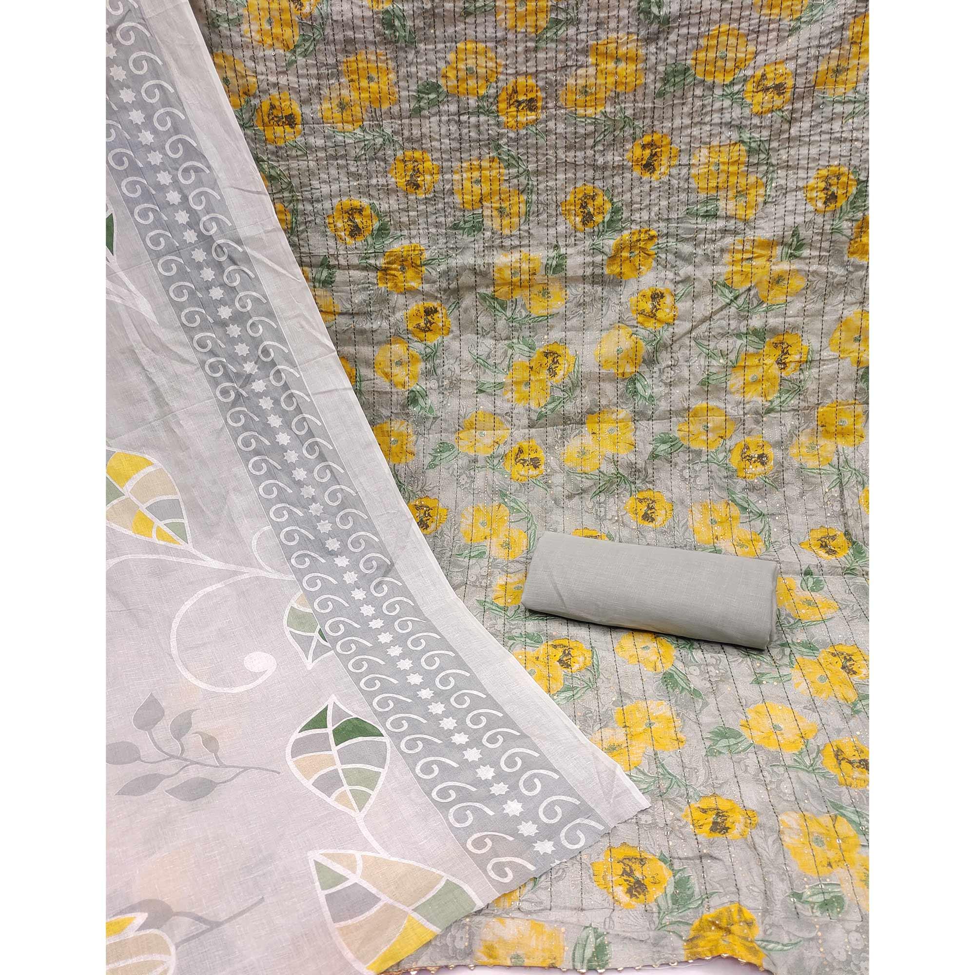 Peachmode Grey-Yellow Printed With Embroidered Pure Cotton Dress Material - view 3