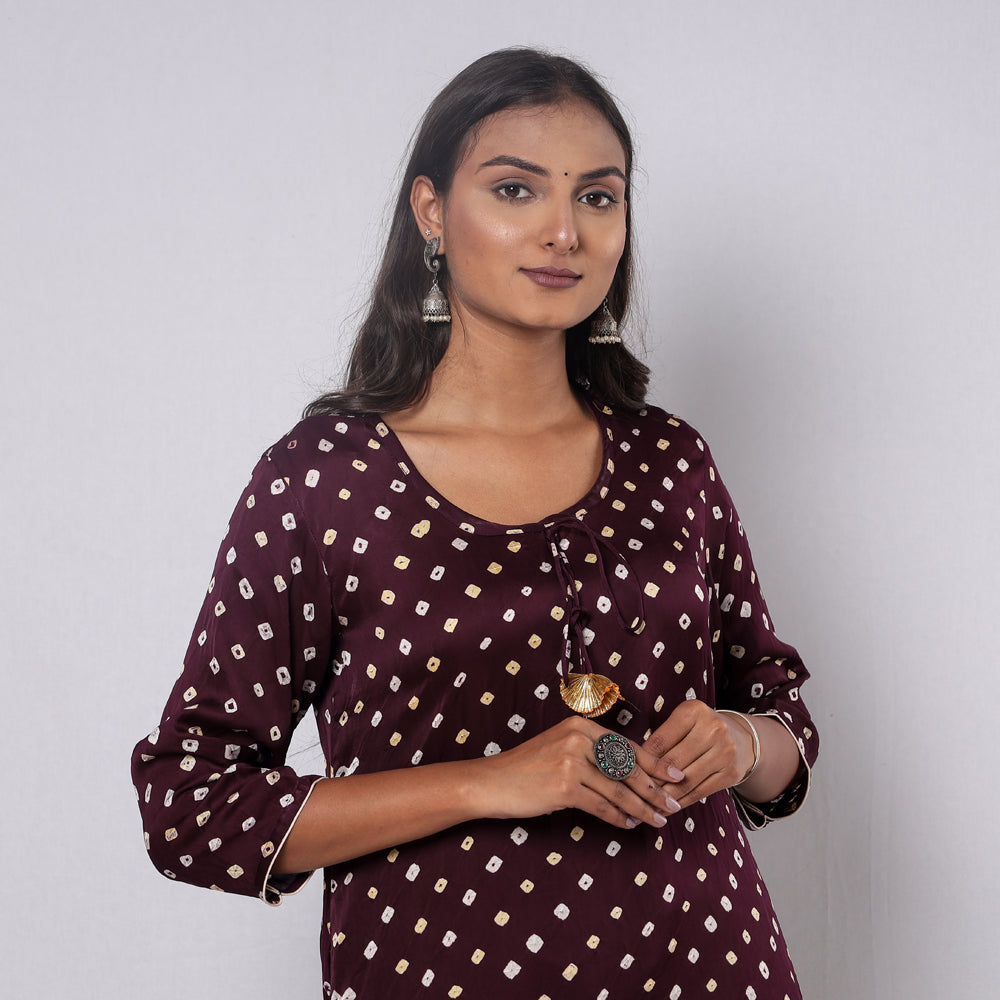 ITOKRI CASUALS Brown - Bandhani Tie-dye Modal Silk Long Straight Kurta