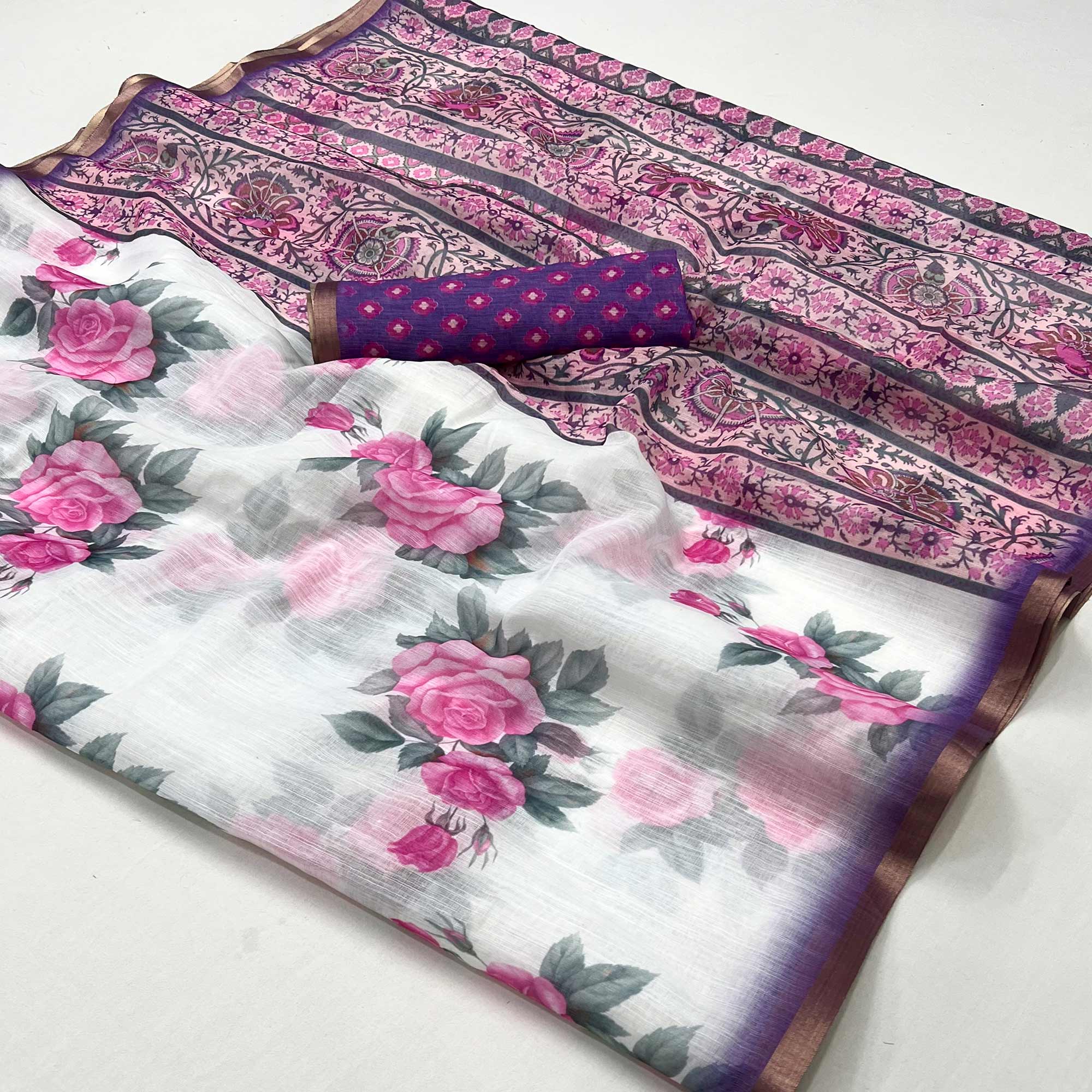 Peachmode White & Pink Floral Digital Printed Linen Saree With Zari Border