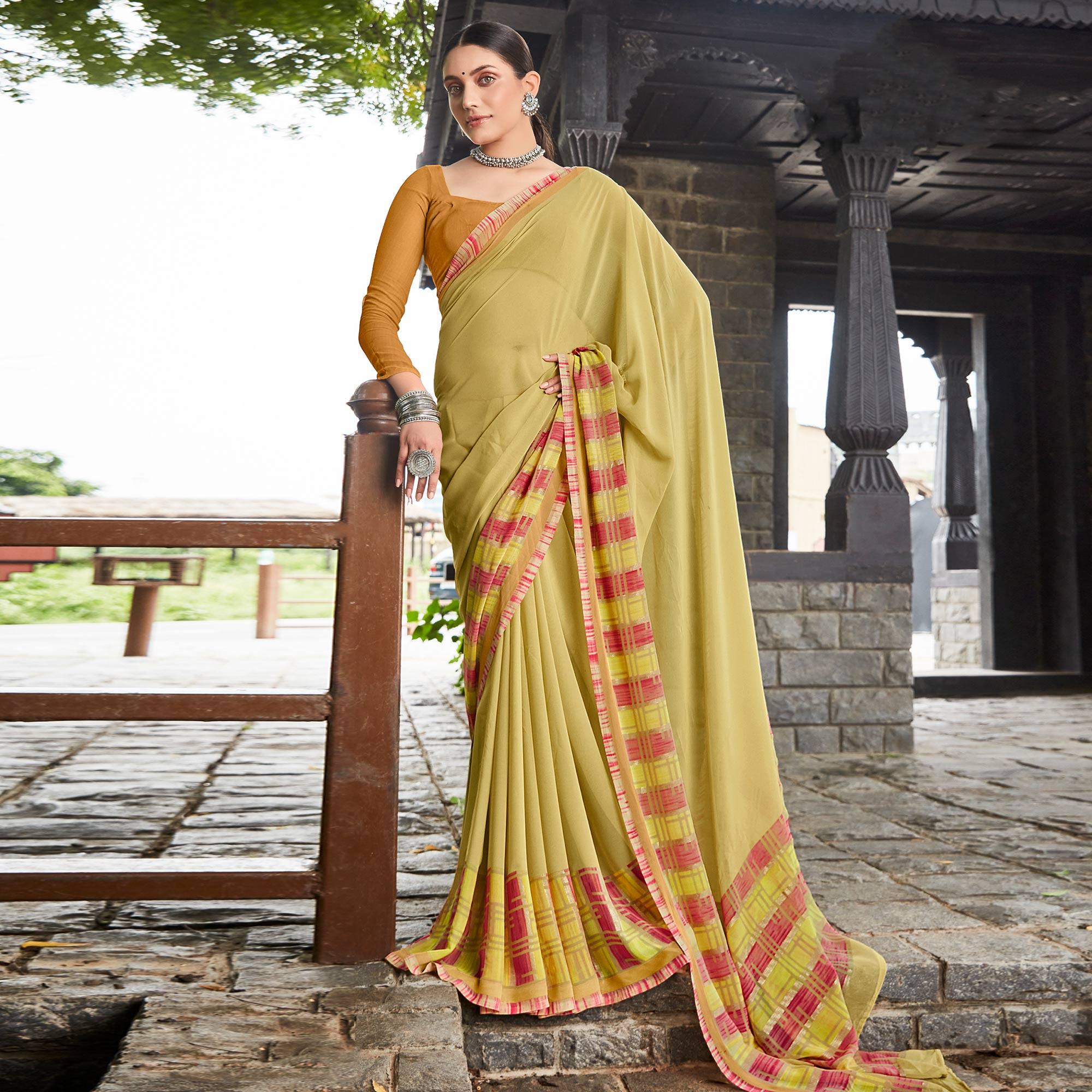 Peachmode Lemon Green Printed Geoergette Saree