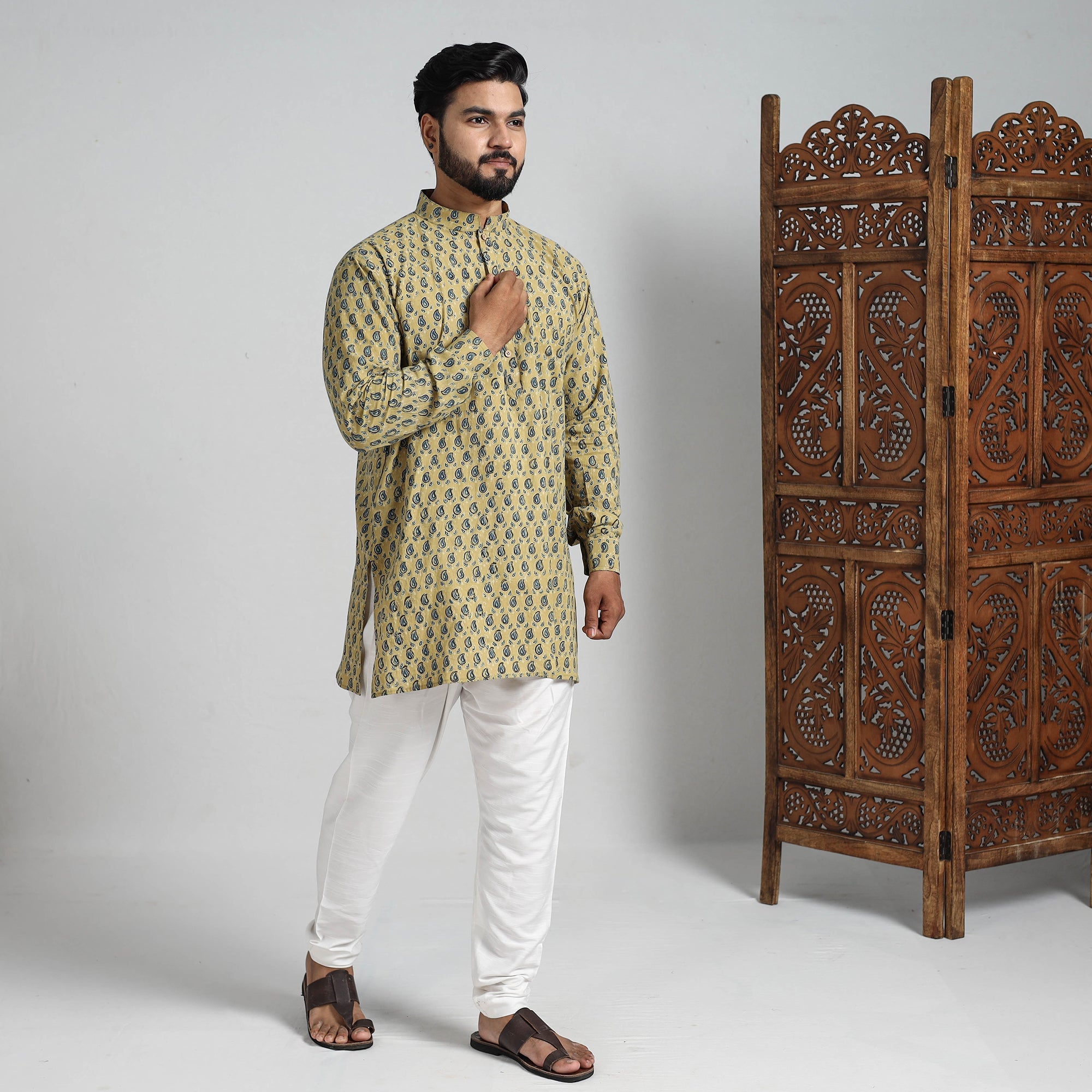 ITOKRI CASUALS Ajrakh Block Printed Cotton Men Short Kurta 01