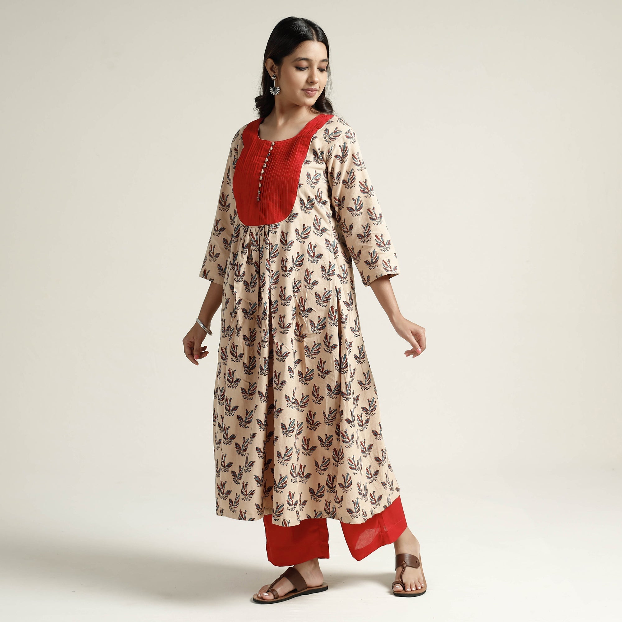 ITOKRI CASUALS Beige - Block Print Handwoven Cotton A-Line Mangalagiri Kurta 01 - view 3