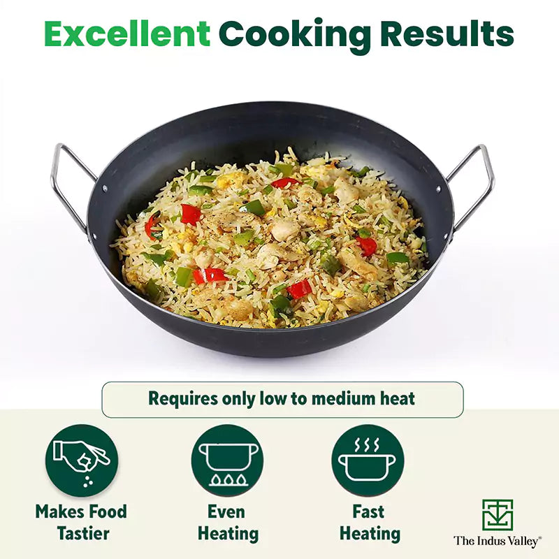 The Indus Valley 100% Pure Iron Cookware Set: Tawa 26 cm + Fry Pan 25 cm + Kadai 25 cm, Toxin-free Sheet Iron, Pre-seasoned, Kitchen Set for Home - view 6