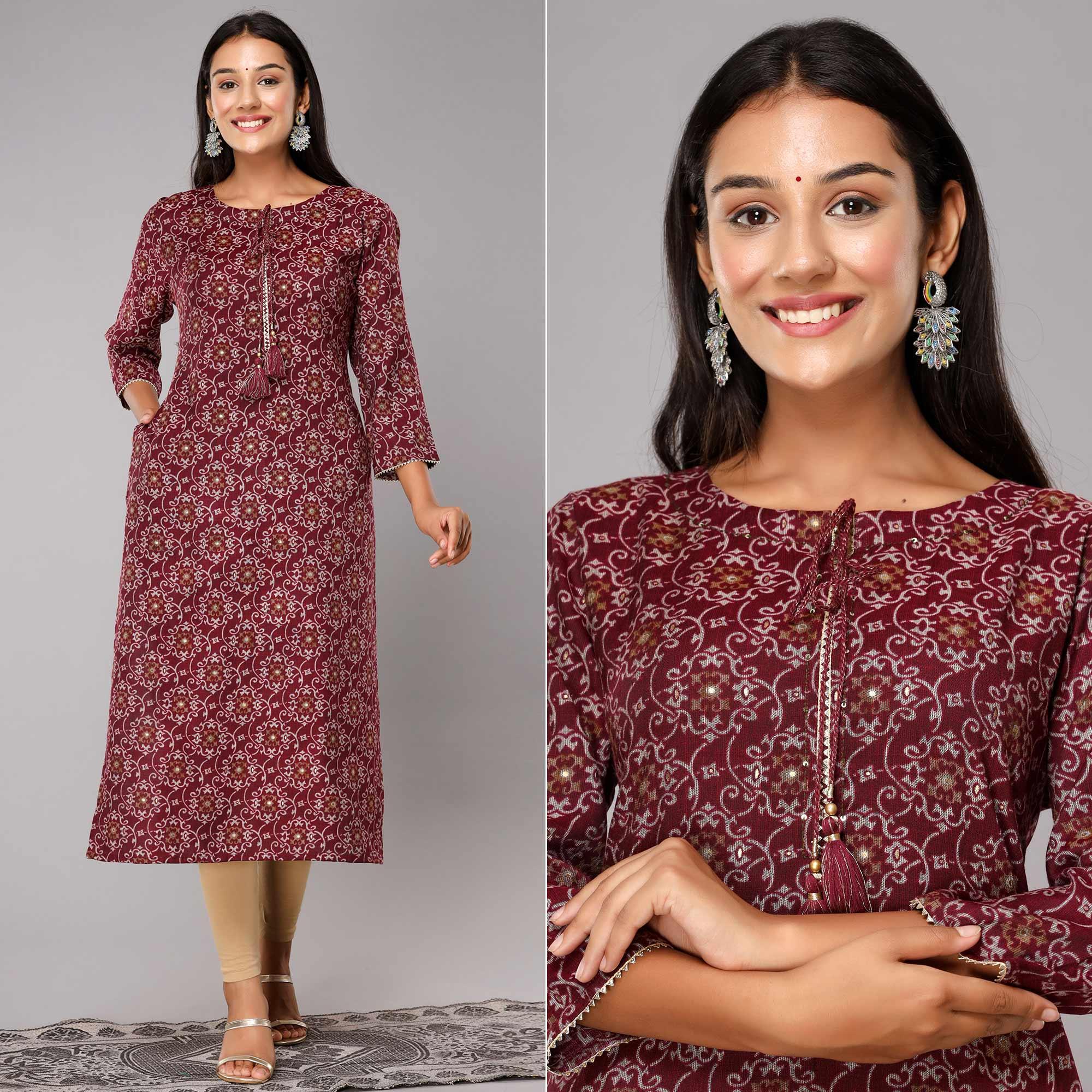 Peachmode Maroon Jaipuri Print With Gota Patti Work Cotton Blend Kurti