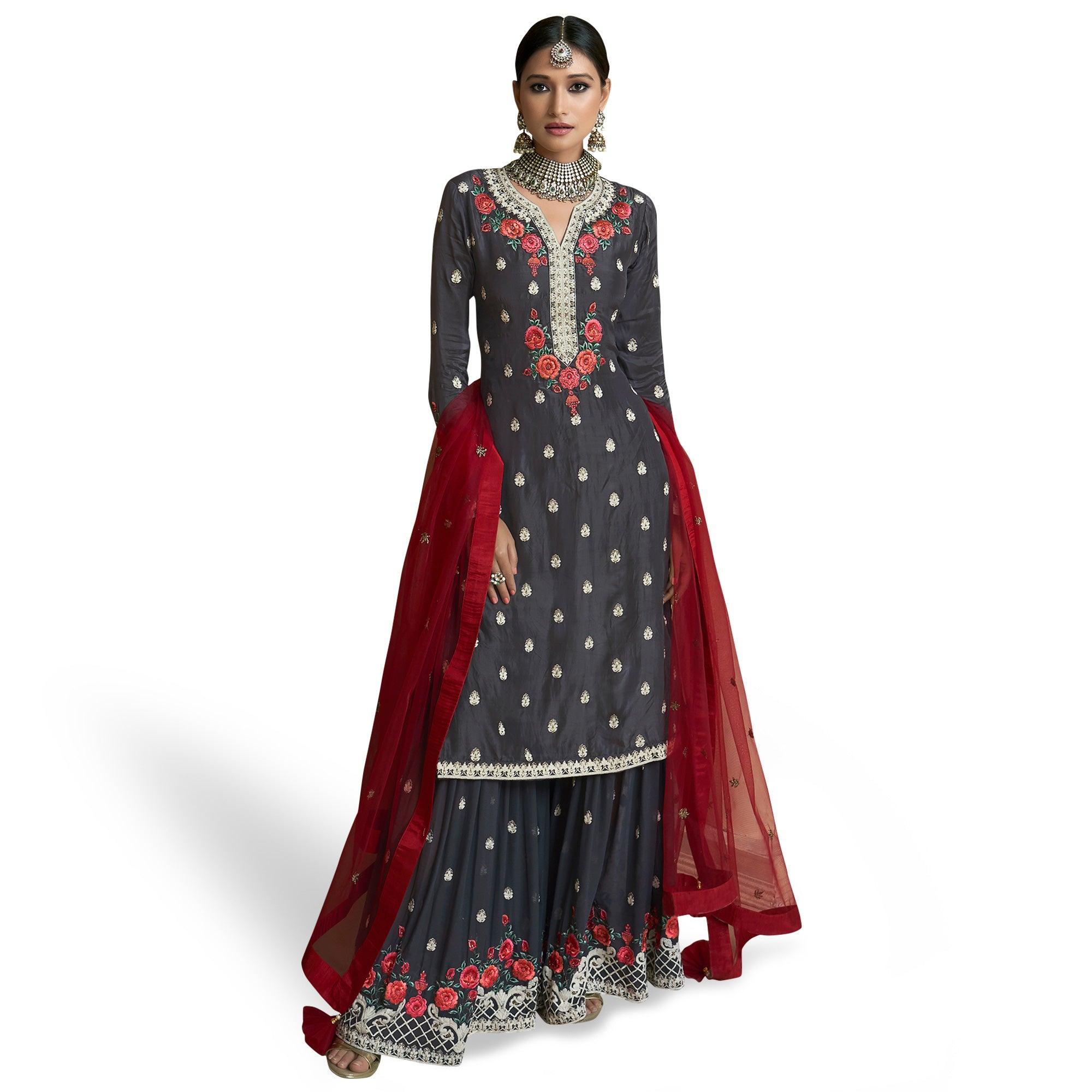 Peachmode Fantastic Dark Gray Colored Partywear Embroidered Uppada Silk Palazzo Suit