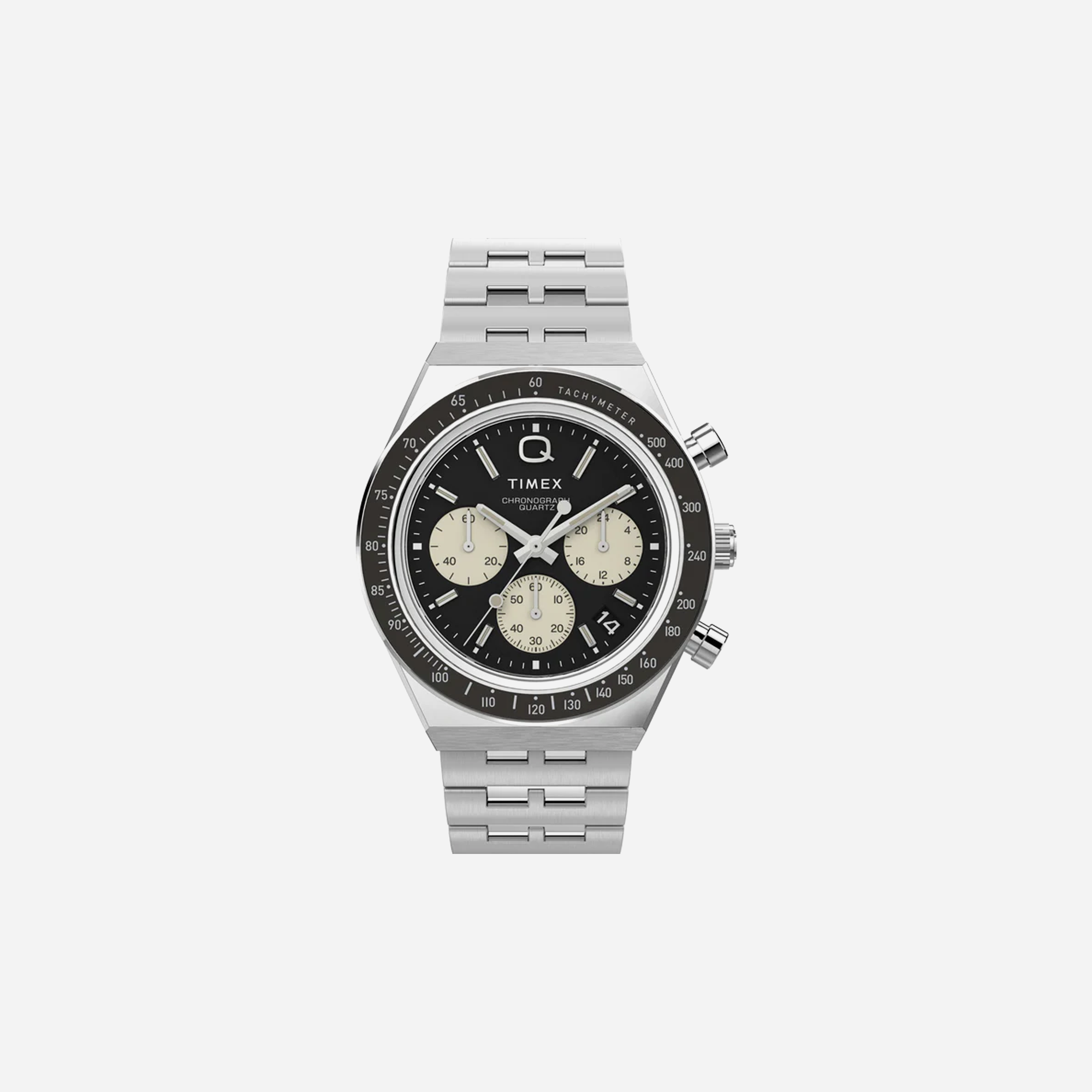 Silver black watch – Q Timex Chronograph 40mm Stainless Steel Bracelet Silver / Black Watch