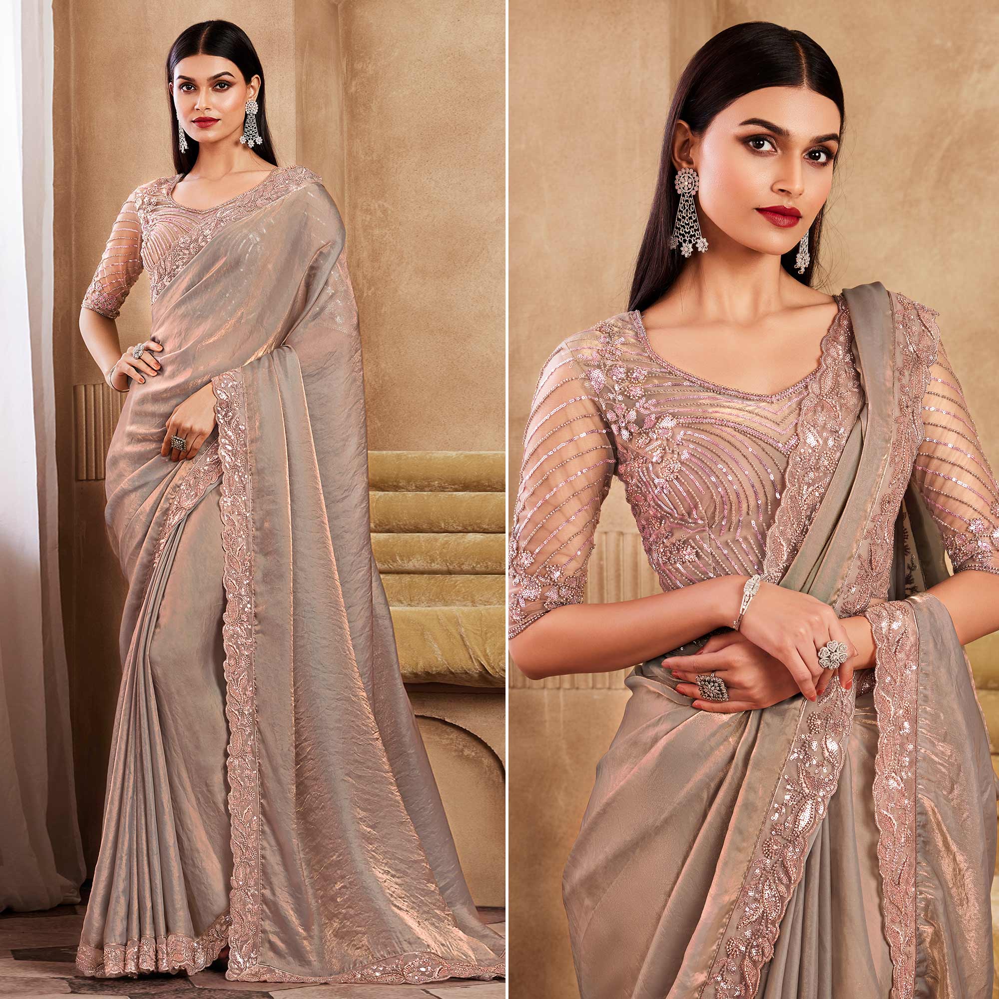 Peachmode Grey Sequins Embroidered Satin Silk Saree