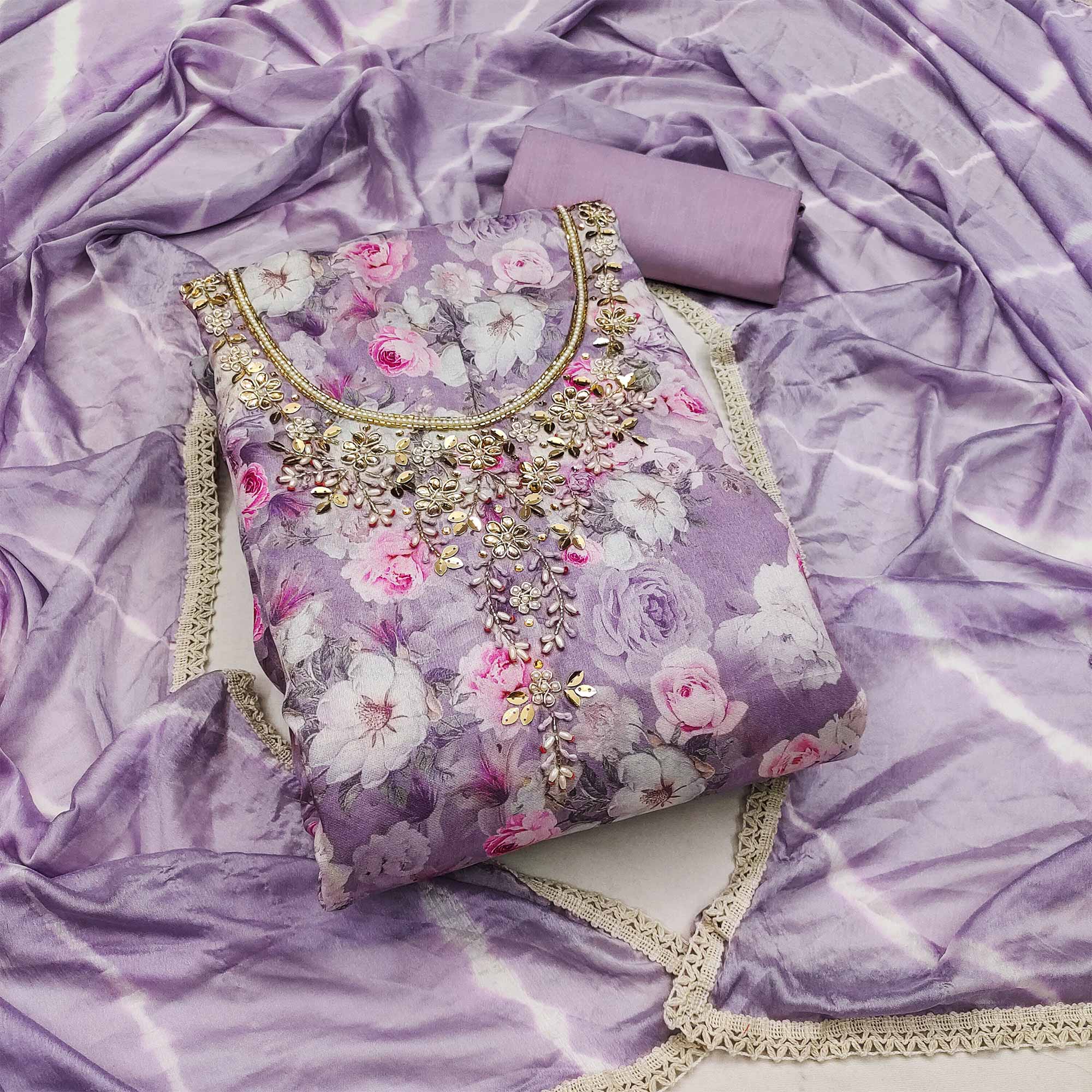 Peachmode Lavender Floral Digital Printed With Hand Embroidery Muslin Dress Material