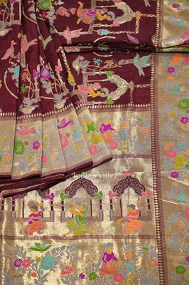 IndianVillèz Wine Purple Tussar Khaddi Georgette Banarasi Saree with Tassels