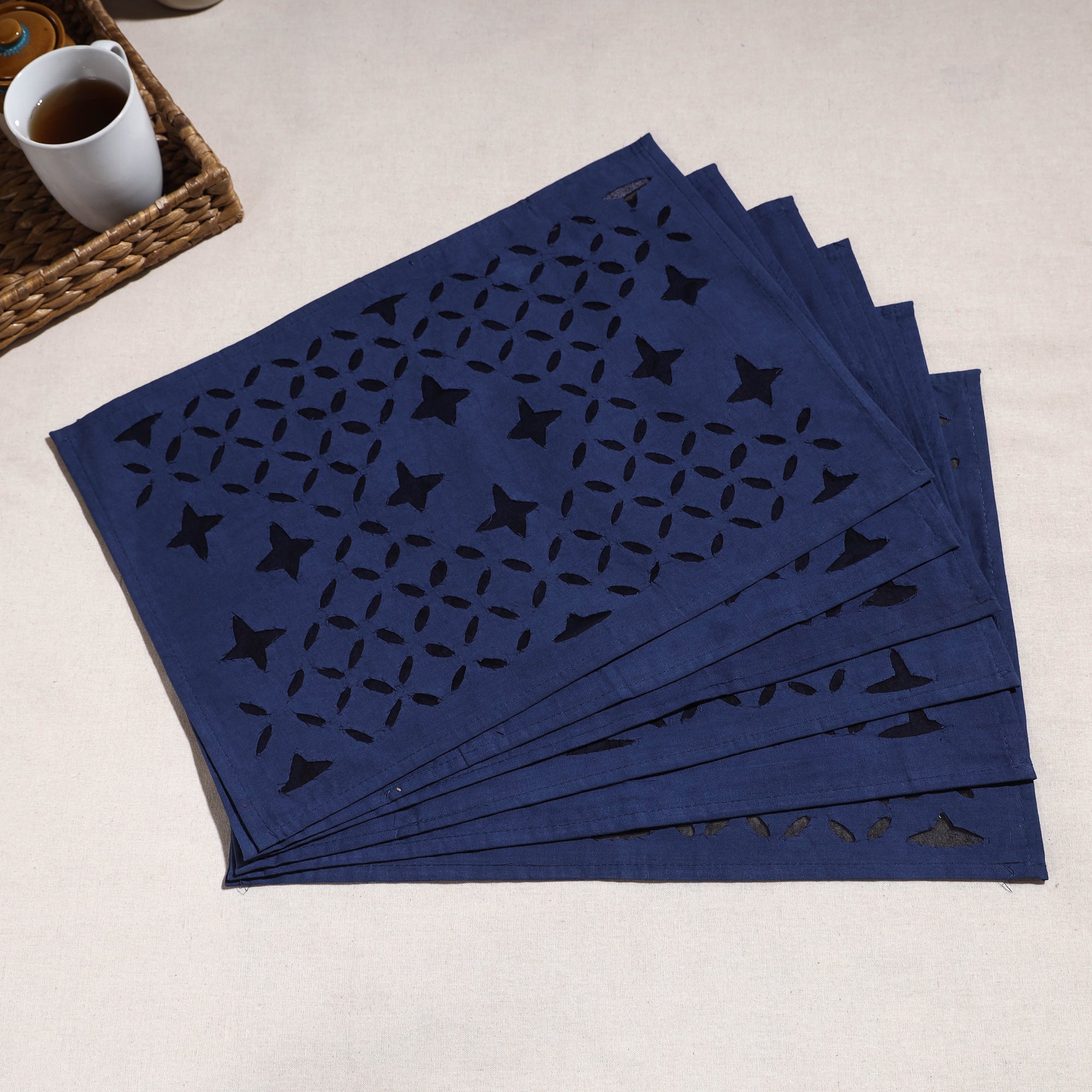 SHADES OF MARUDHARA Blue - Applique Cut work Cotton Table Mats (set of 6)