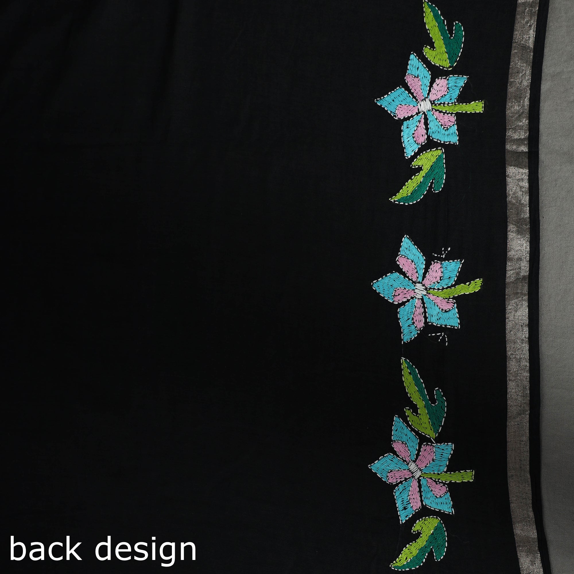 KHUSHBASH - HAPPY LOOM OF EAST Black - Bengal Kantha Embroidery Handloom Cotton Saree - view 7
