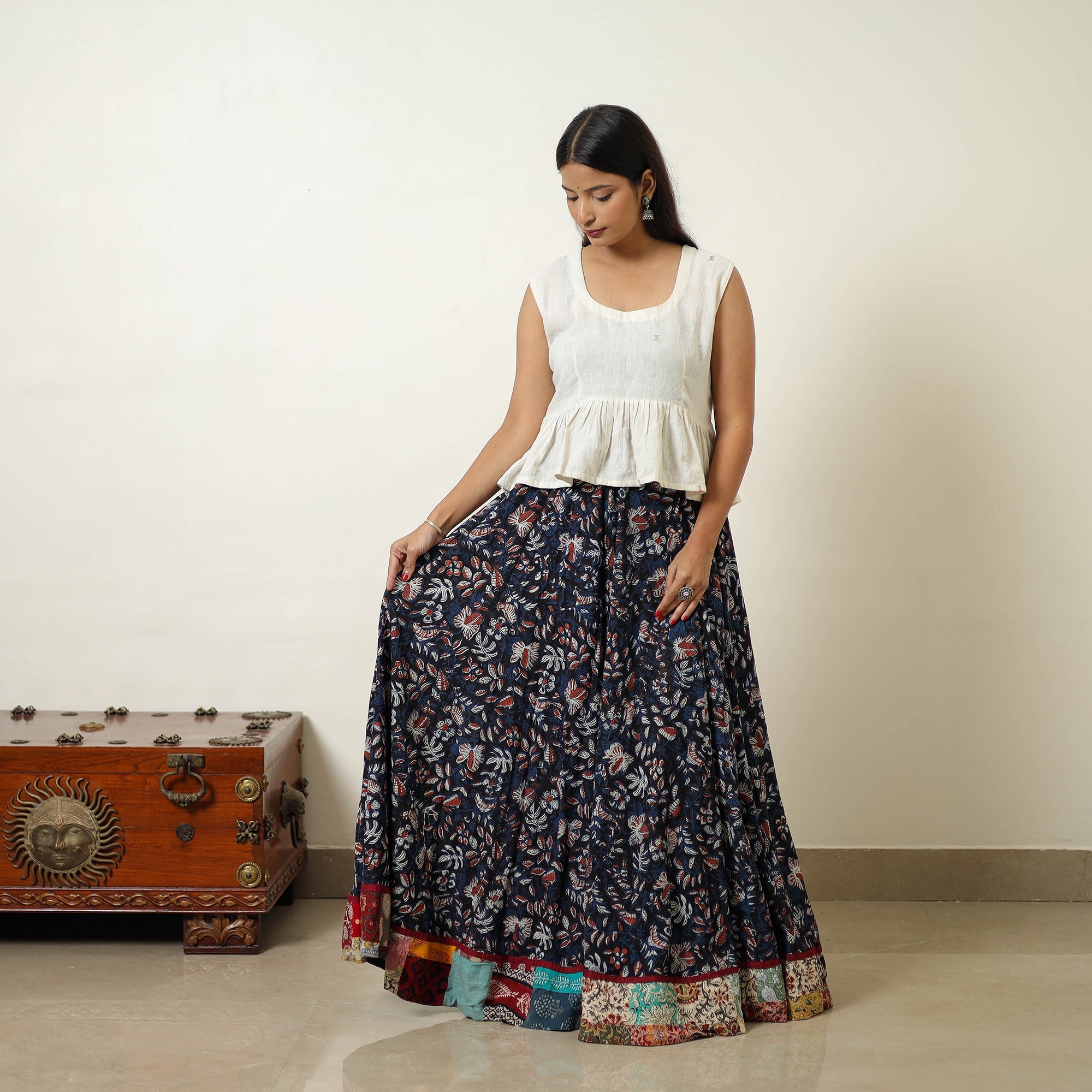 NOORI BAZAR Blue - Hand Block Printed Cotton Long Bagru Skirt 12