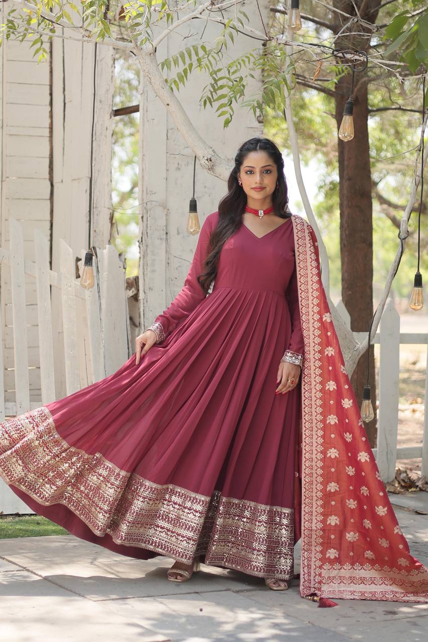 ClothsVilla Maroon Stunning Faux Georgette Gown with Rich Sequins Embroidery - view 2