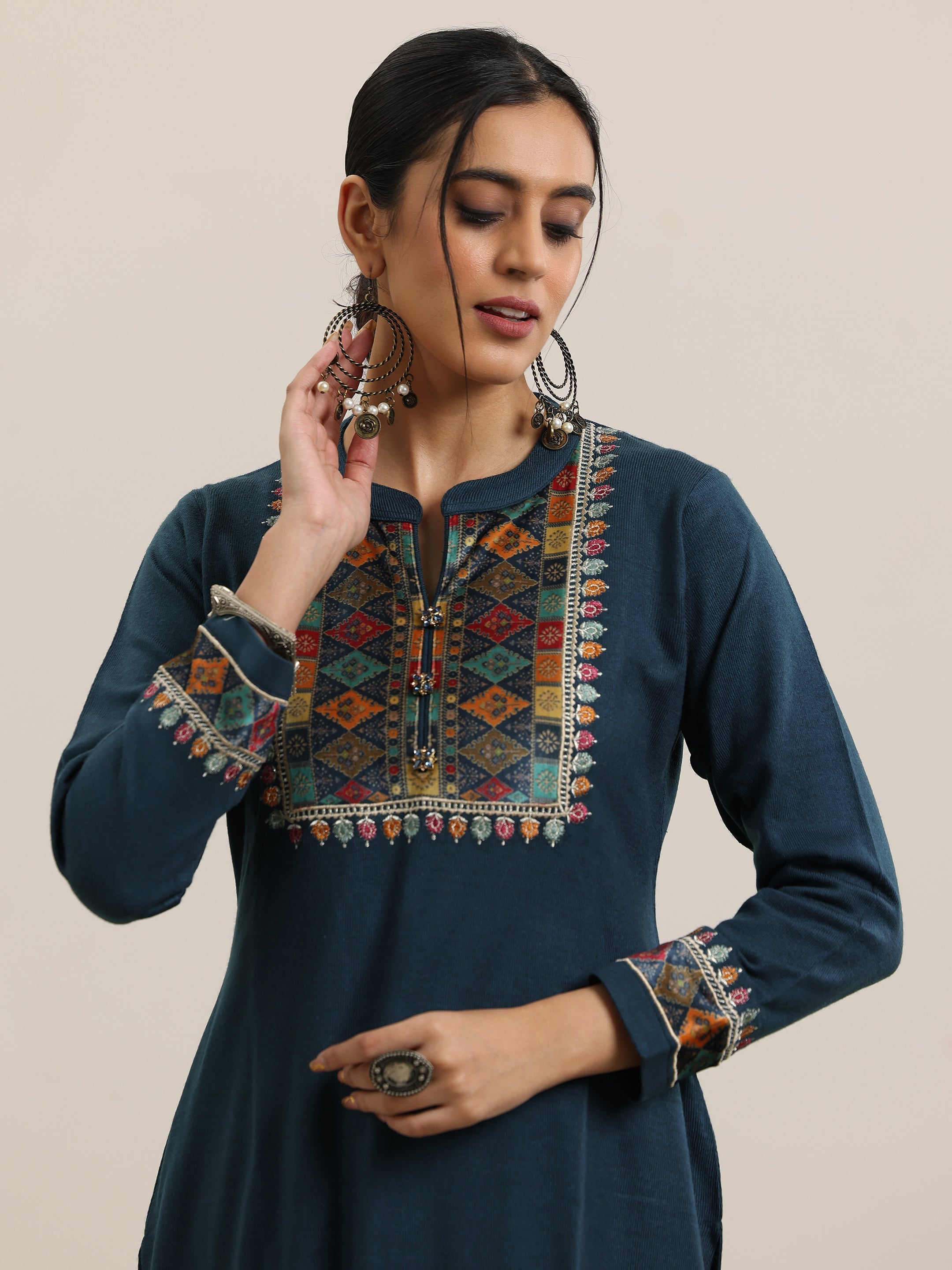 Libas Blue Yoke Design Wool Blend Straight Suit With Dupatta - view 7