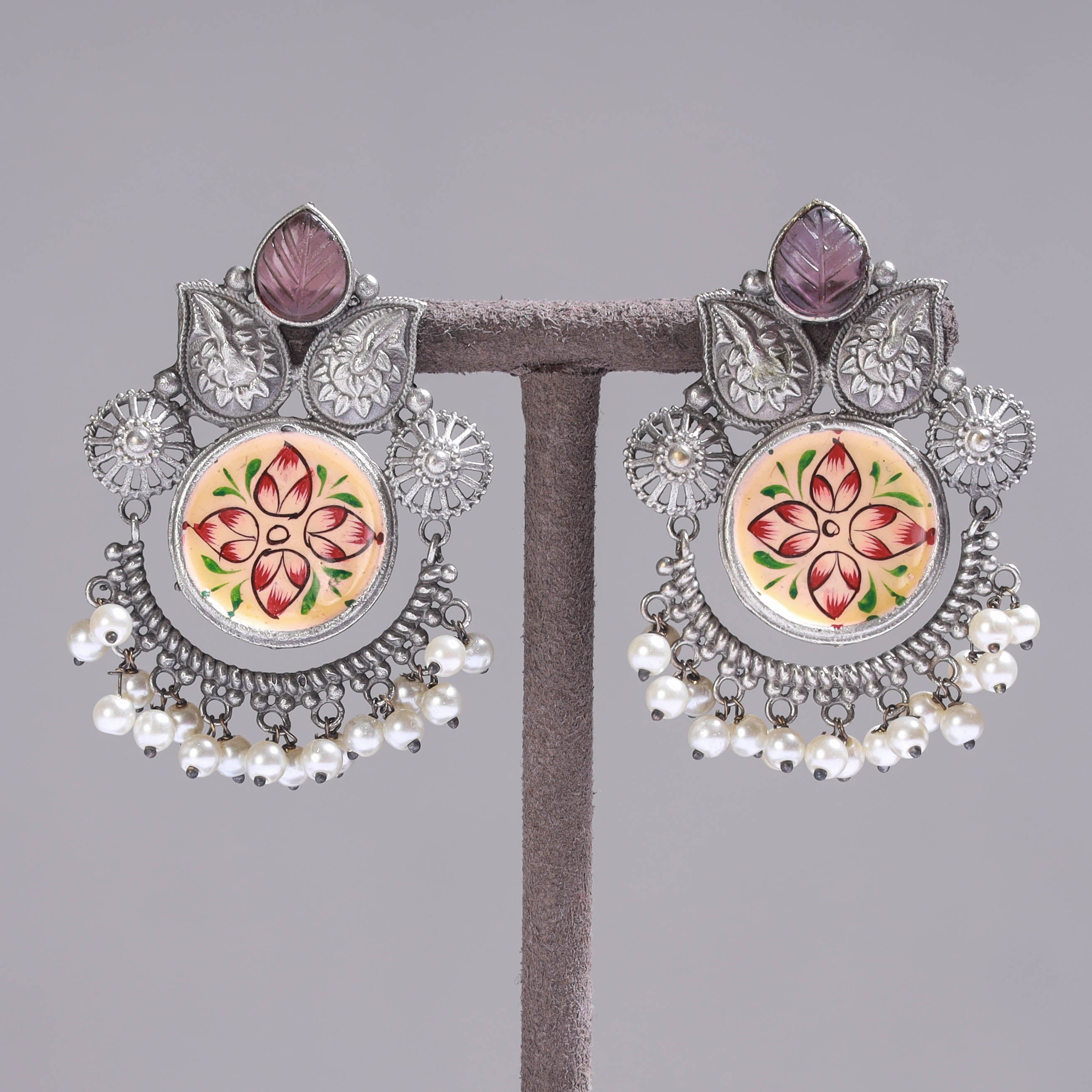 WHITE RIVER STORIES Antique Silver Finish Oxidised Brass Base Enamel & Stone Work Earrings - view 2