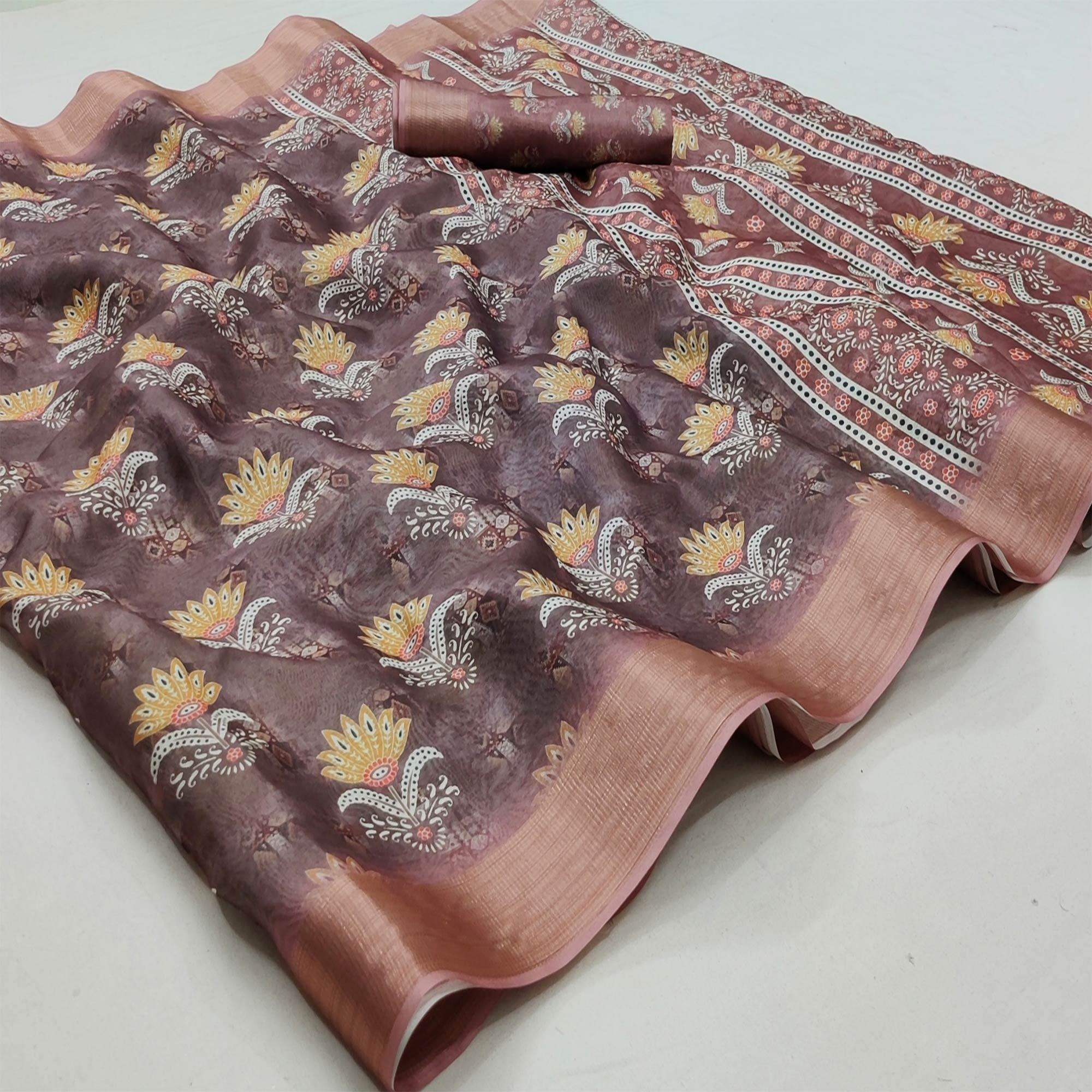 Peachmode Brown Casual Wear Floral Digital Printed Silk Saree With Jacquard Border