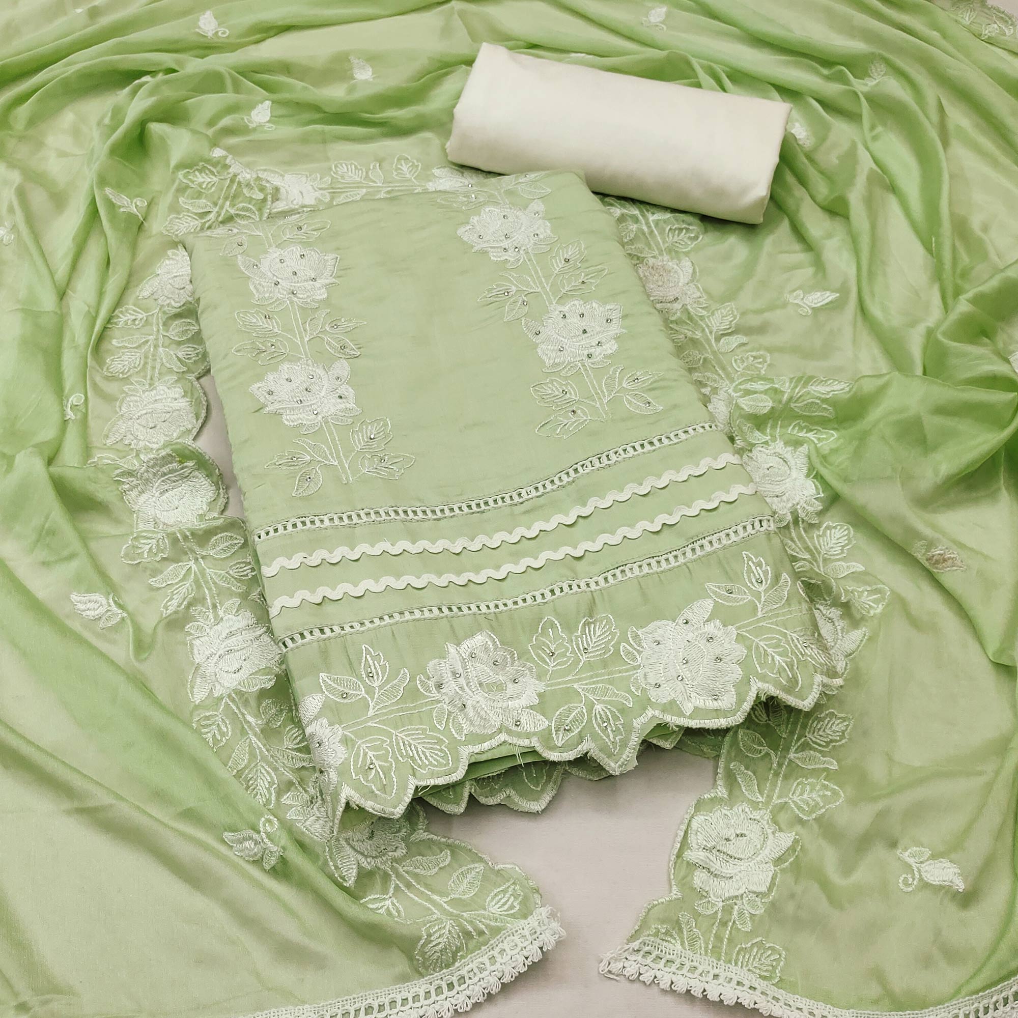 Green dresses – BlackTree green-floral-stone-embroidered-cotton-silk-dress-material