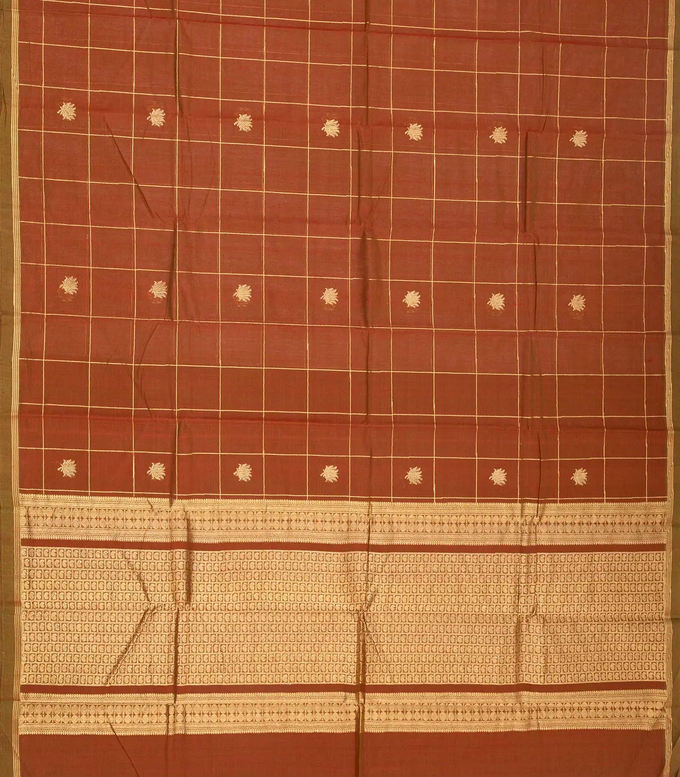 RmKV Brown Handloom Kanchi Cotton Saree With Checks & Lotus Buttas - view 2