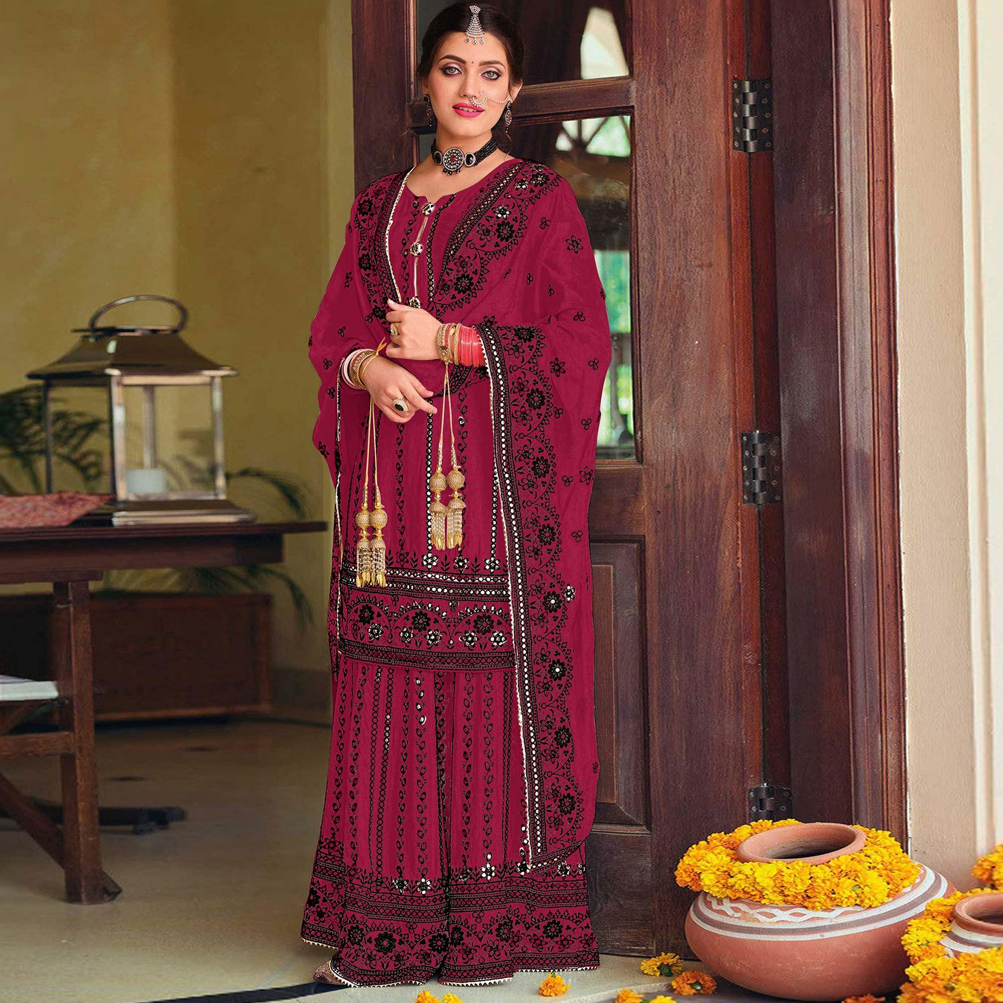 Peachmode Dark Red Partywear Designer Floral Embroidered Georgette Palazzo Suit