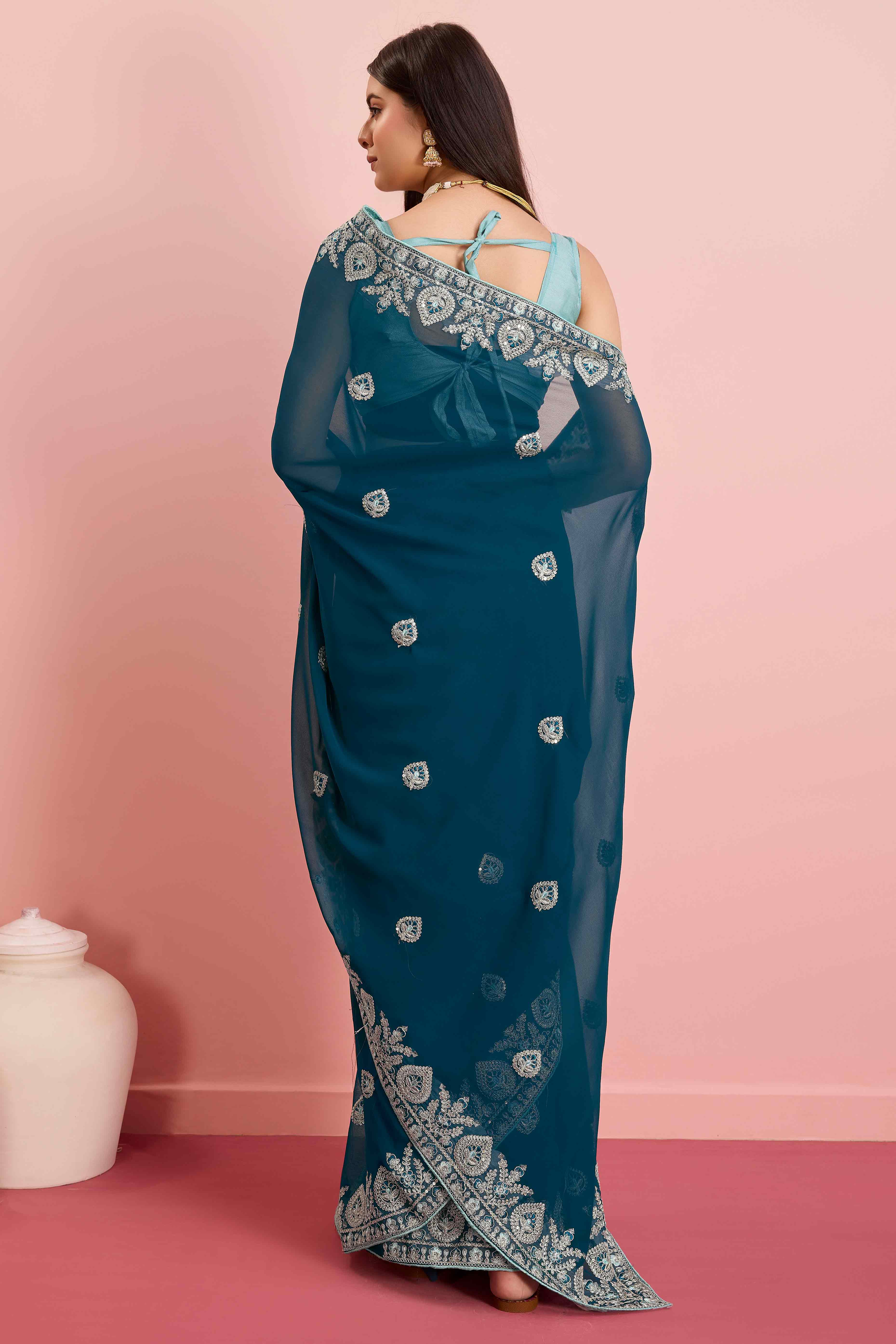 Peachmode Morpich Blue Floral Sequins Embroidered Georgette Saree - view 5