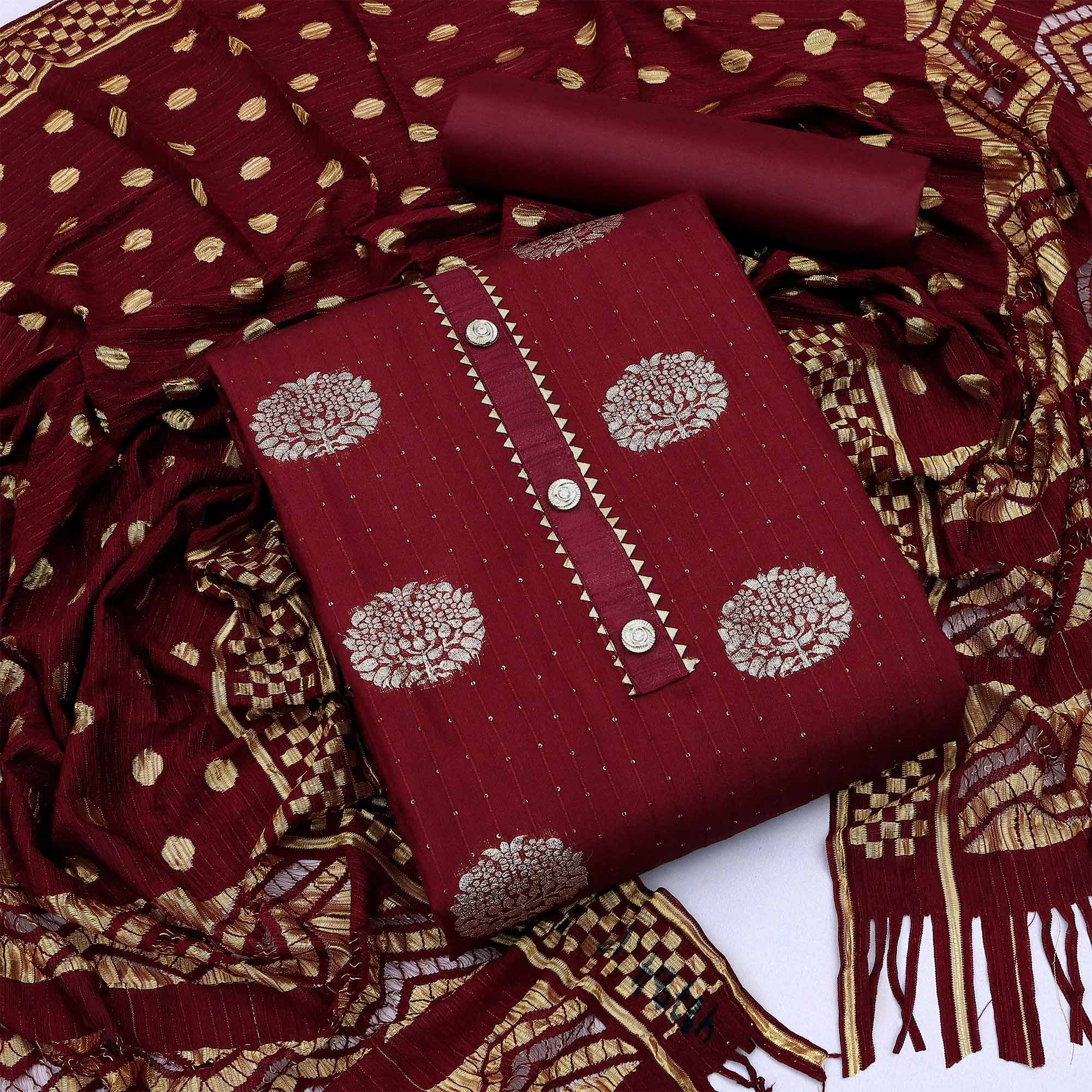 Peachmode Maroon Woven Jacquard Dress Material