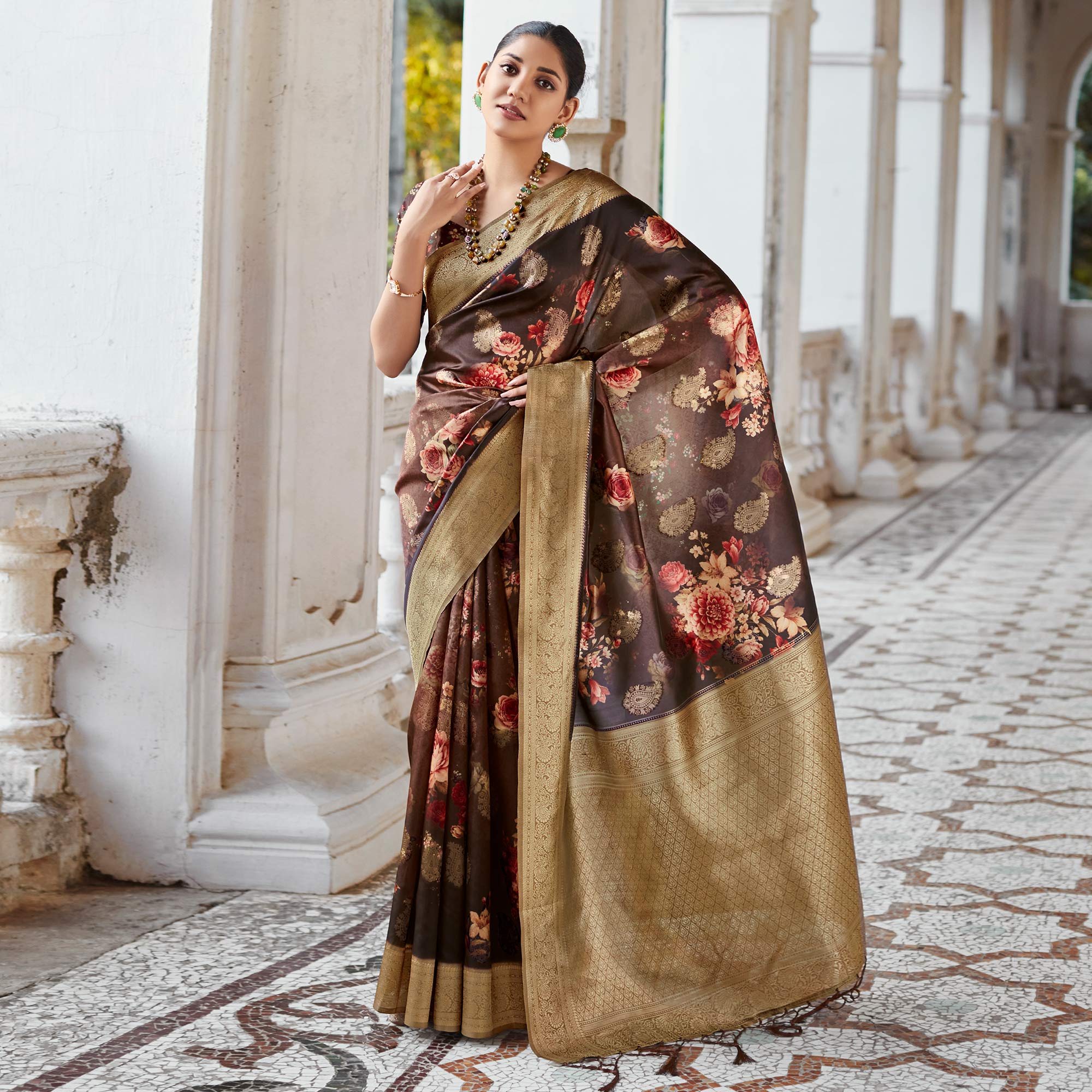 Peachmode Dark Brown Woven With Floral Printed Art Silk Saree