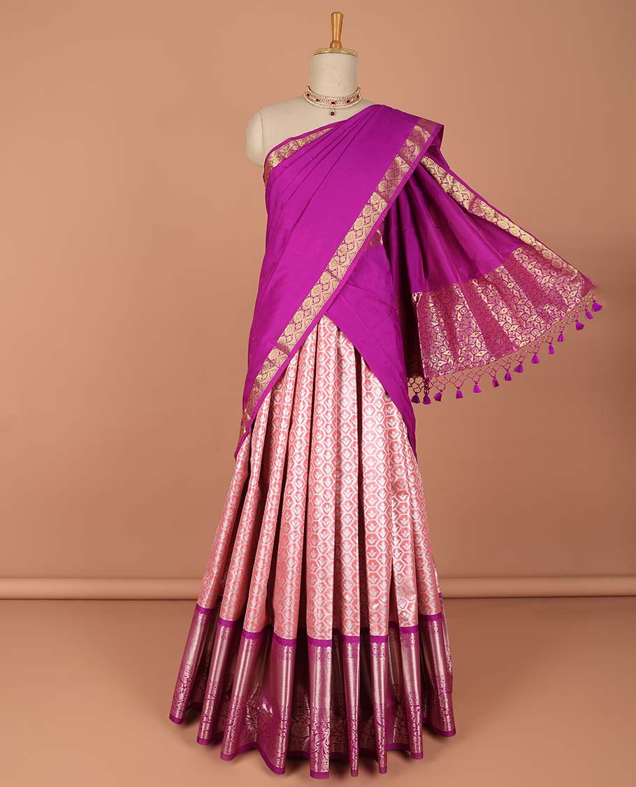 Pothys Pink floral vine design art-silk half saree, contrast traditional zari border,zari design blouse & ogee patern dhavani