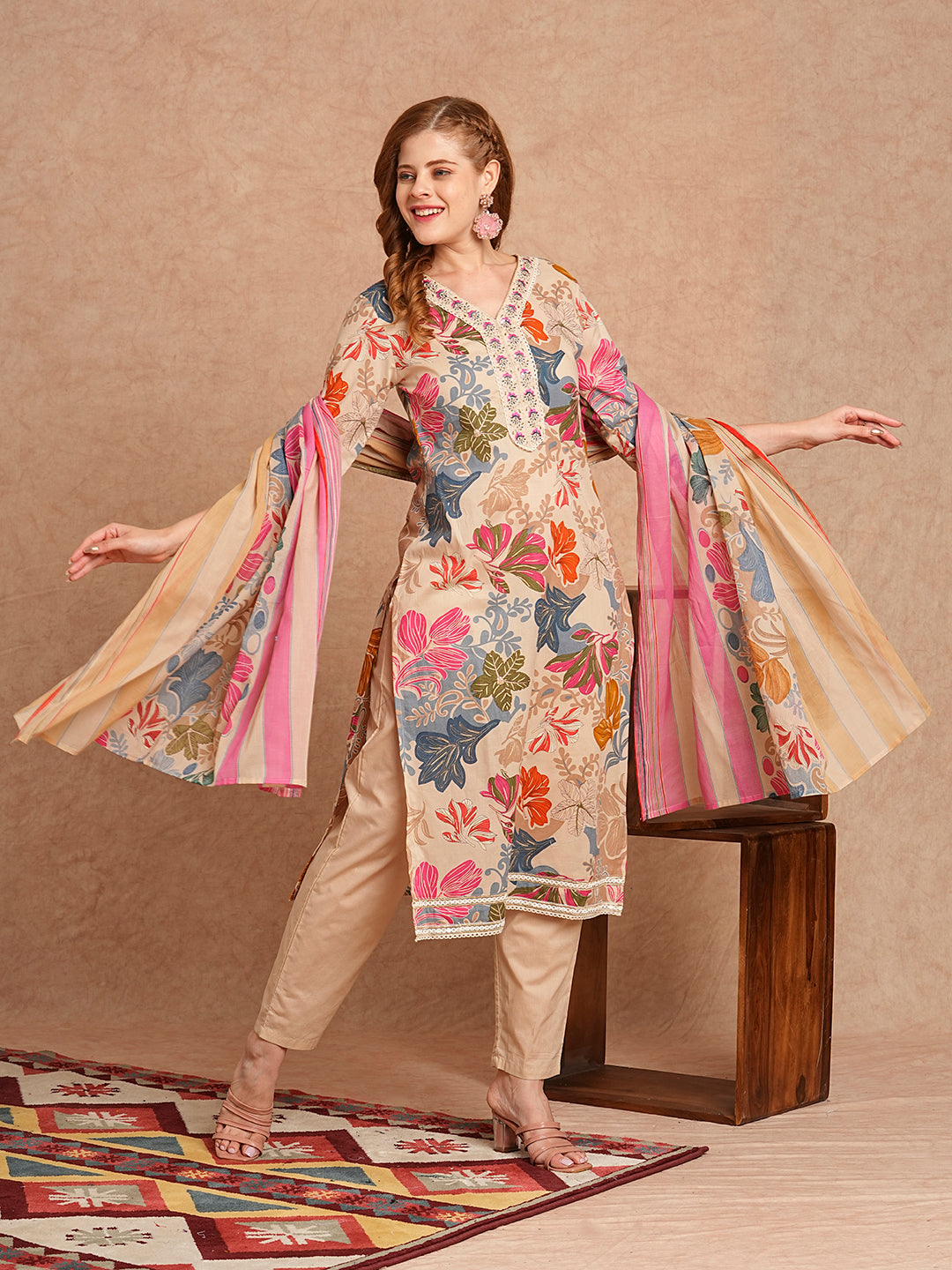 FASHOR Ethnic Floral Printed & Embroidered Straight Kurta with Pant & Dupatta - Beige