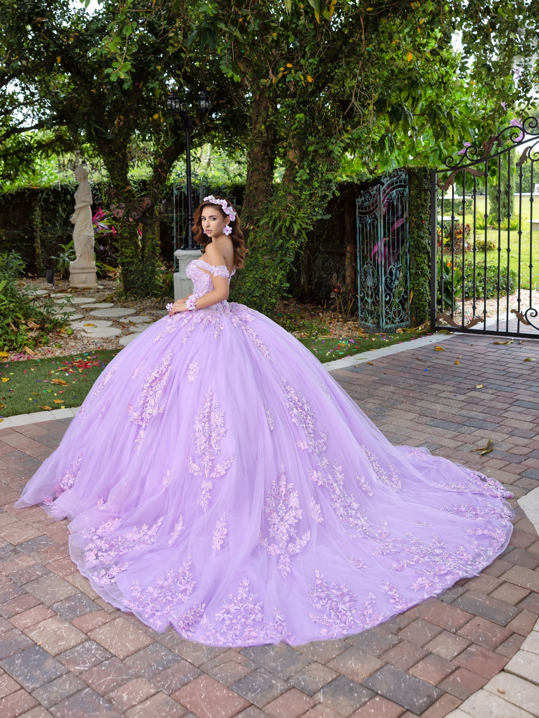House of Wu Fiesta Gowns 3D Floral Off Shoulder Ball Gown by LizLuo Fiesta 56529 - view 2