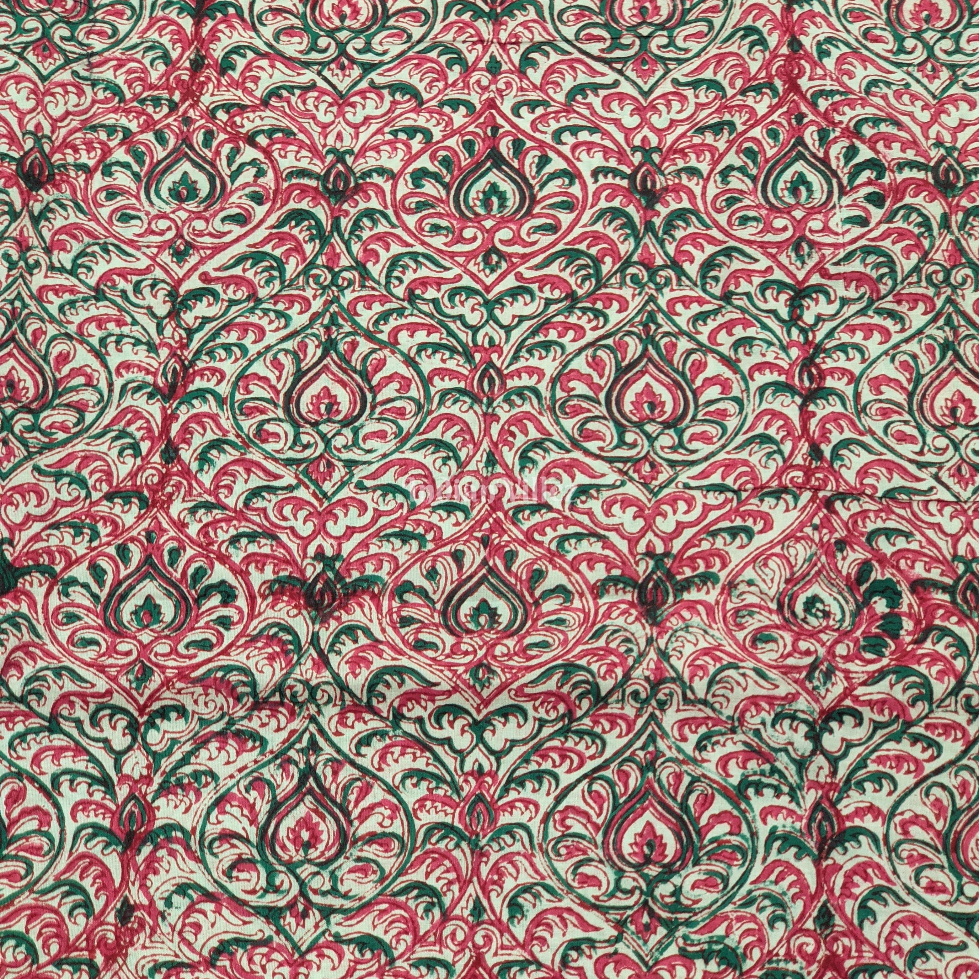 IndianVillèz Green Pink Floral Hand Block Printed Cotton Fabric - view 2