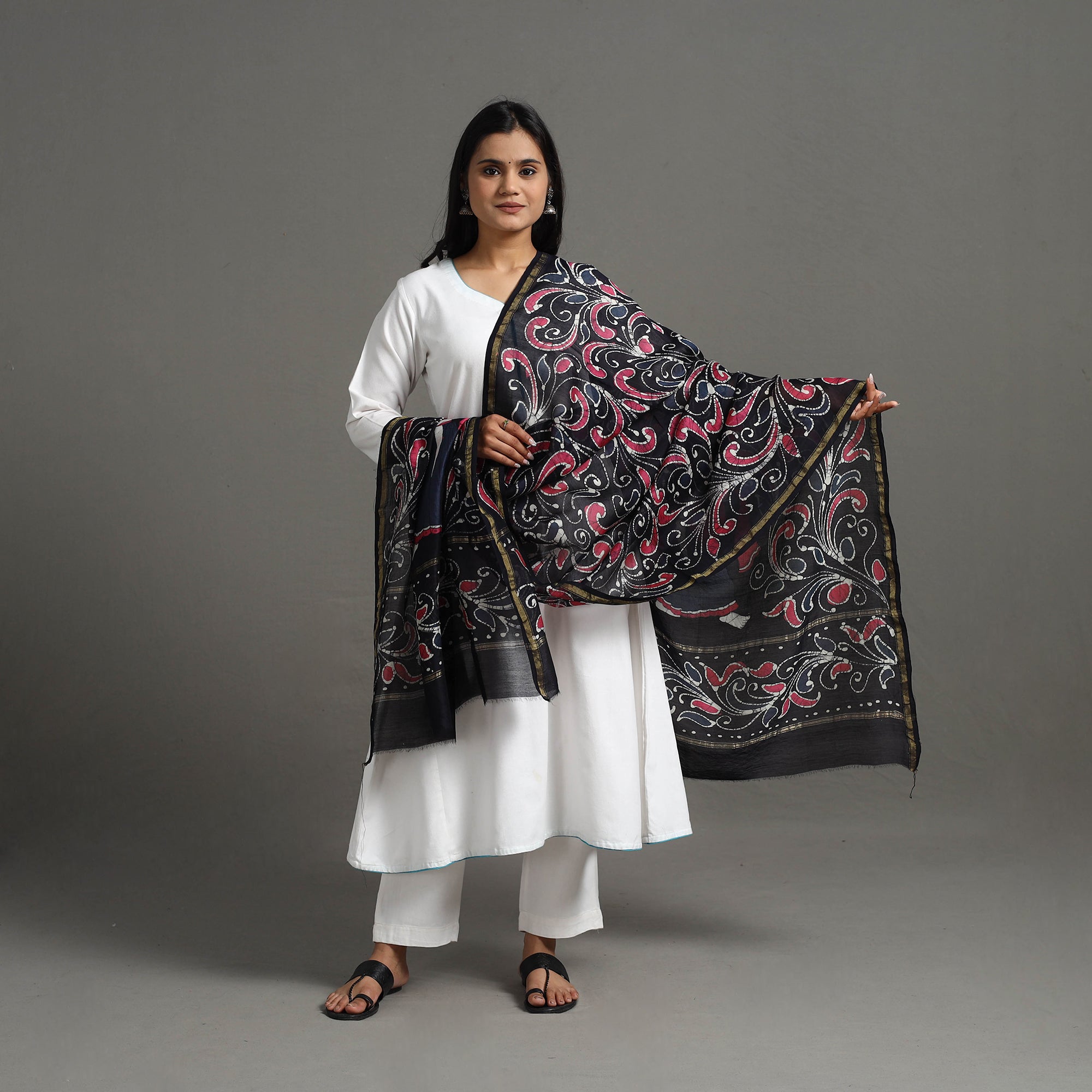 KACHCHH JI CHHAAP Black - Handloom Chanderi Silk Hand Batik Printed Dupatta 08