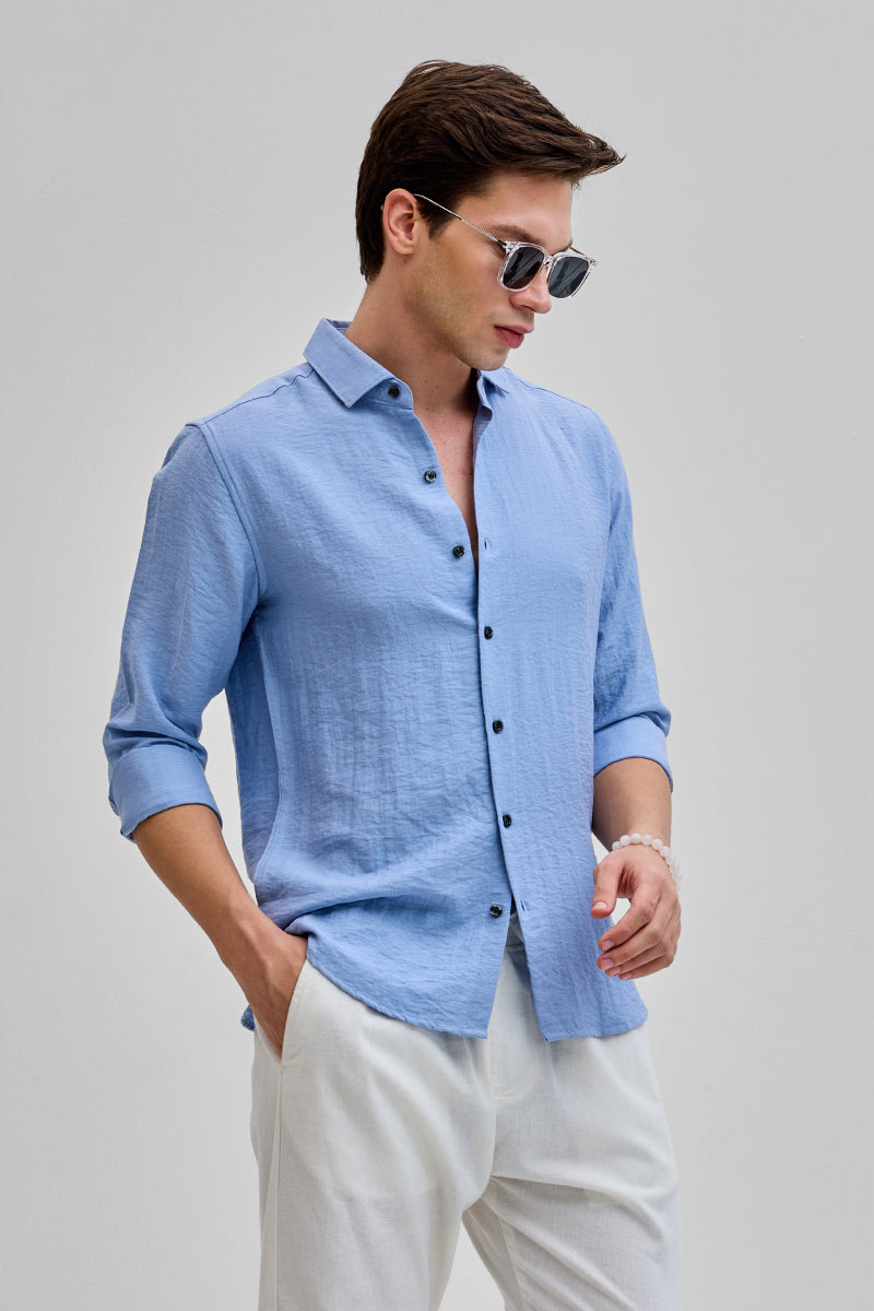 SNITCH Blue Textured Linen Blend Shirt