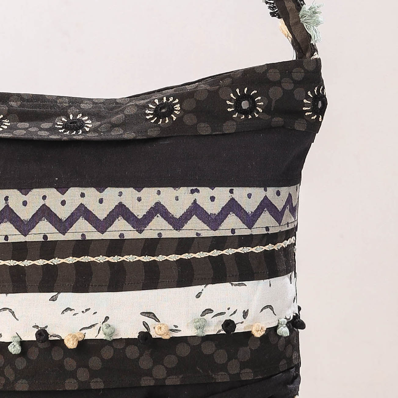 SANDUR KUSHALA KALA KENDRA Black - Lambani Mirror Work Hand Embroidery Cotton Shoulder Bag with Tassels - view 2