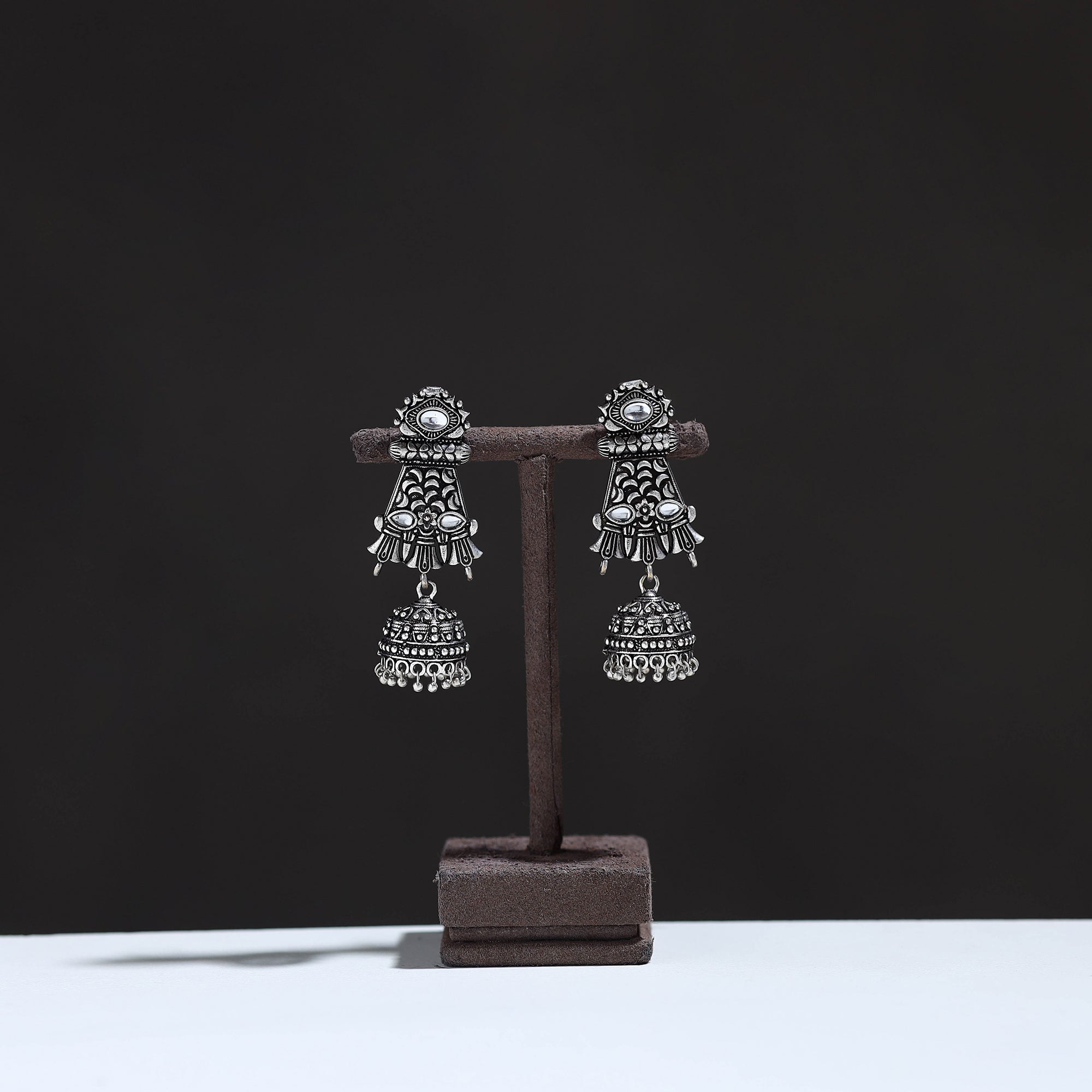 WHITE RIVER STORIES Antique Silver Finish Oxidised Stone Jhumki Earrings 16