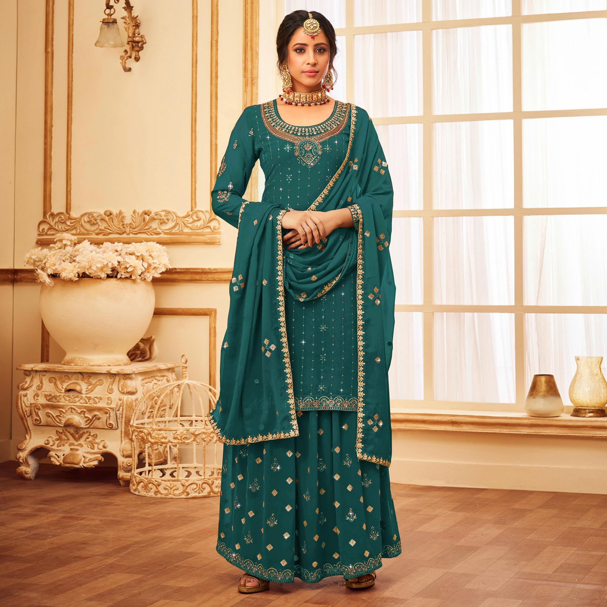 Peachmode Morpich Embroidered With Embellished Georgette Palazzo Suit - view 2