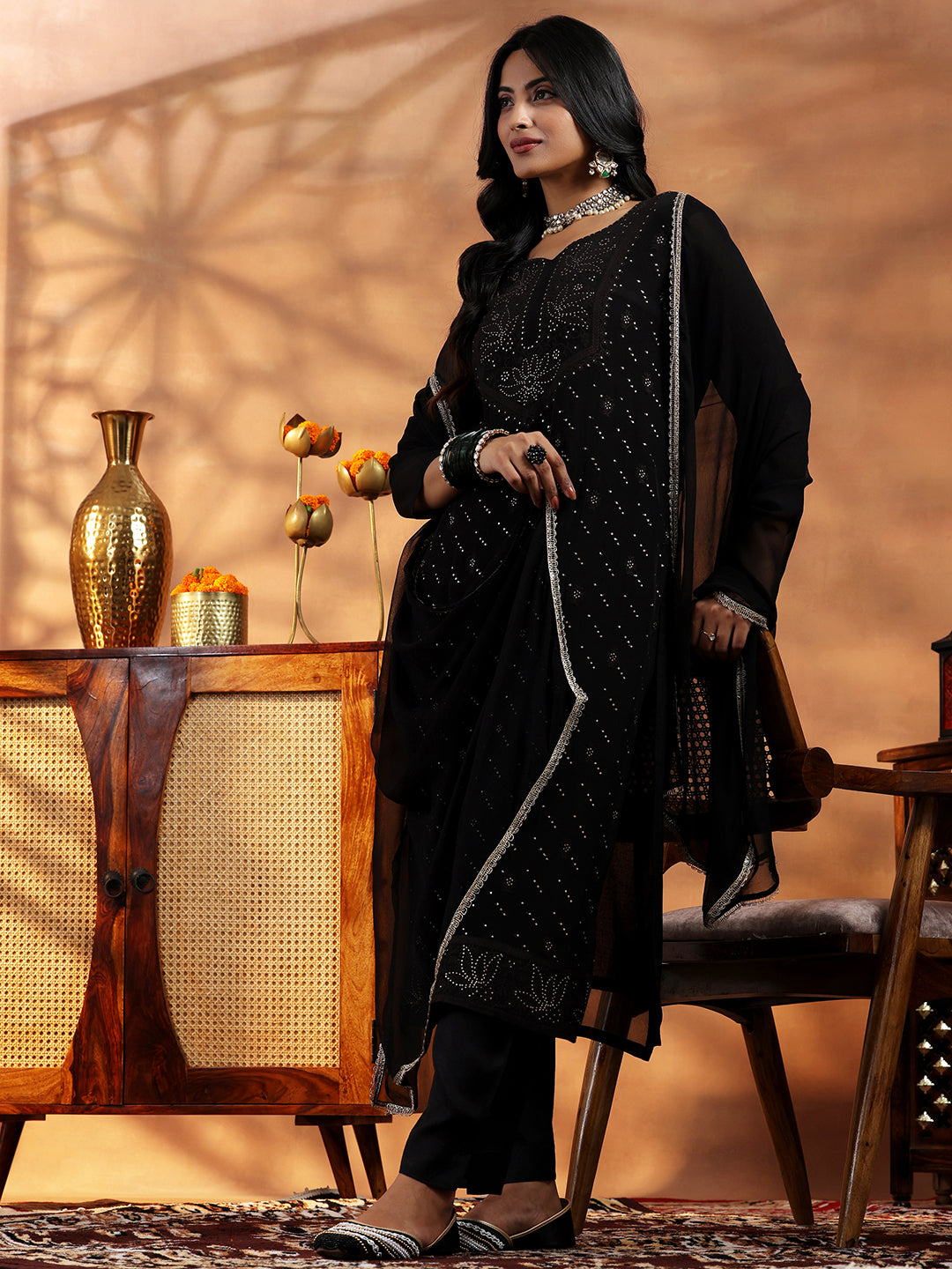 Libas Black Embroidered Organza Straight Suit With Dupatta