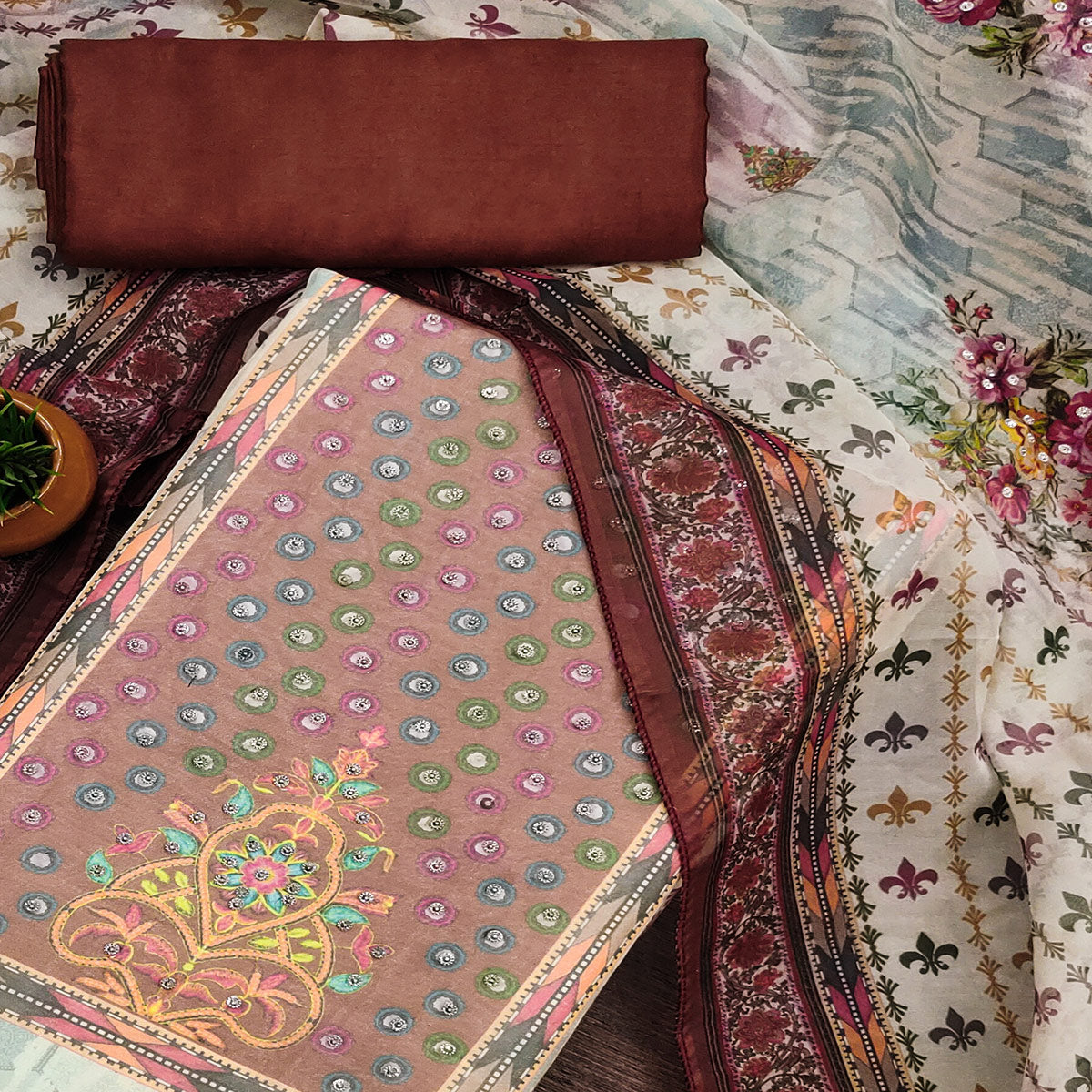 Peachmode Dark Rust Floral Digital Printed With Diamond Work Organza Dress Material - view 2