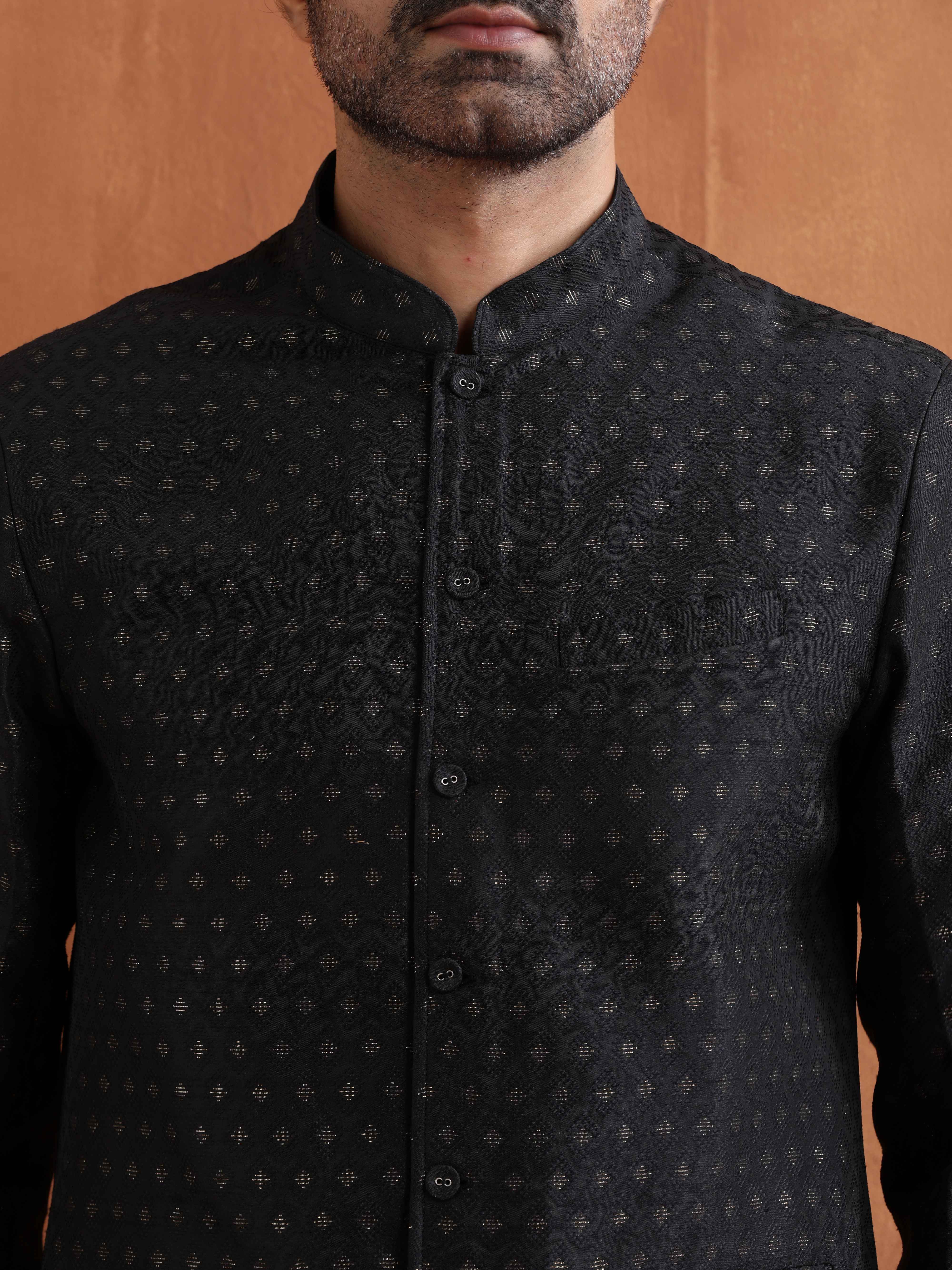 trueBrowns Men's Black Chanderi Long Jacket - view 4