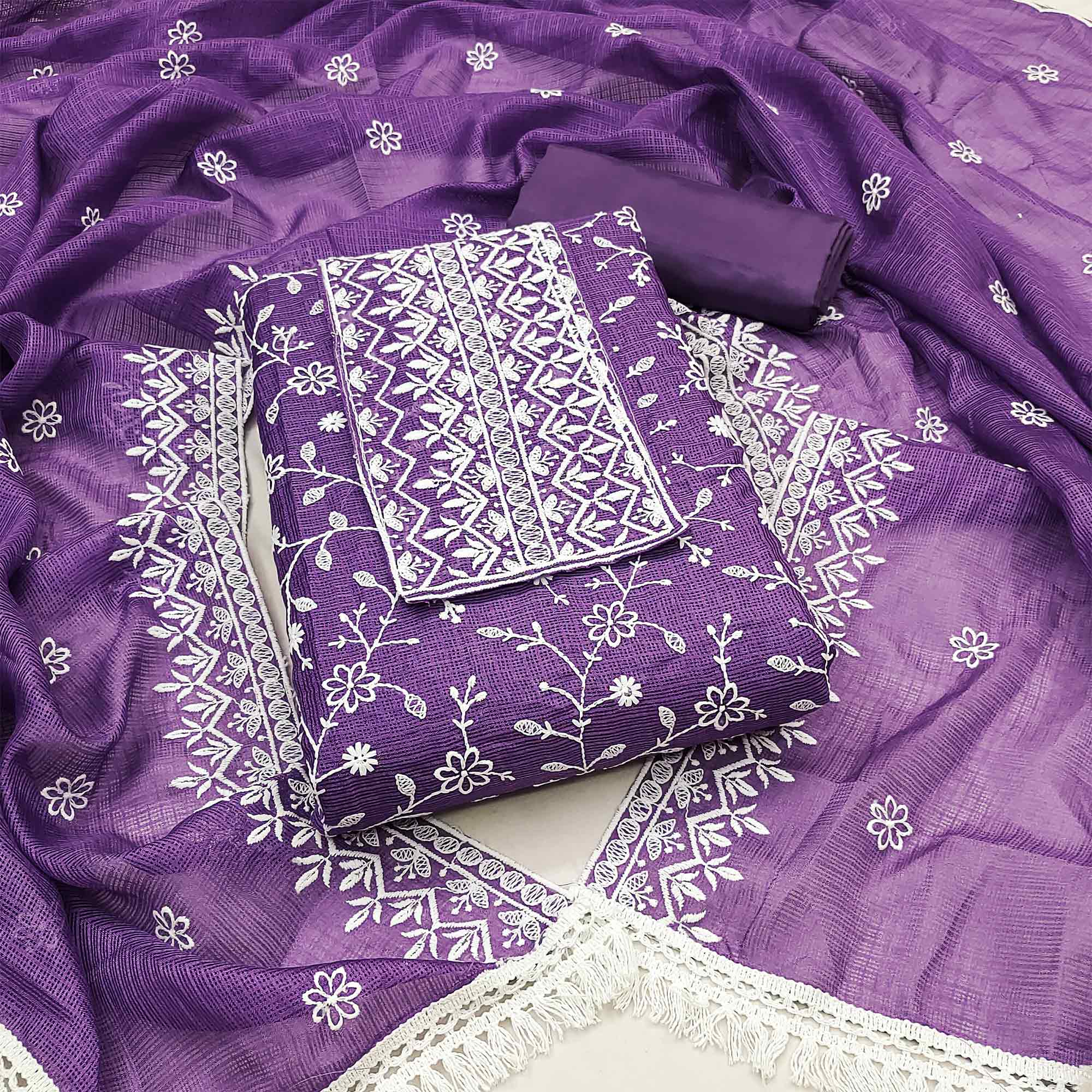 Peachmode Lavender Floral Embroidered Kota Doria Dress Material