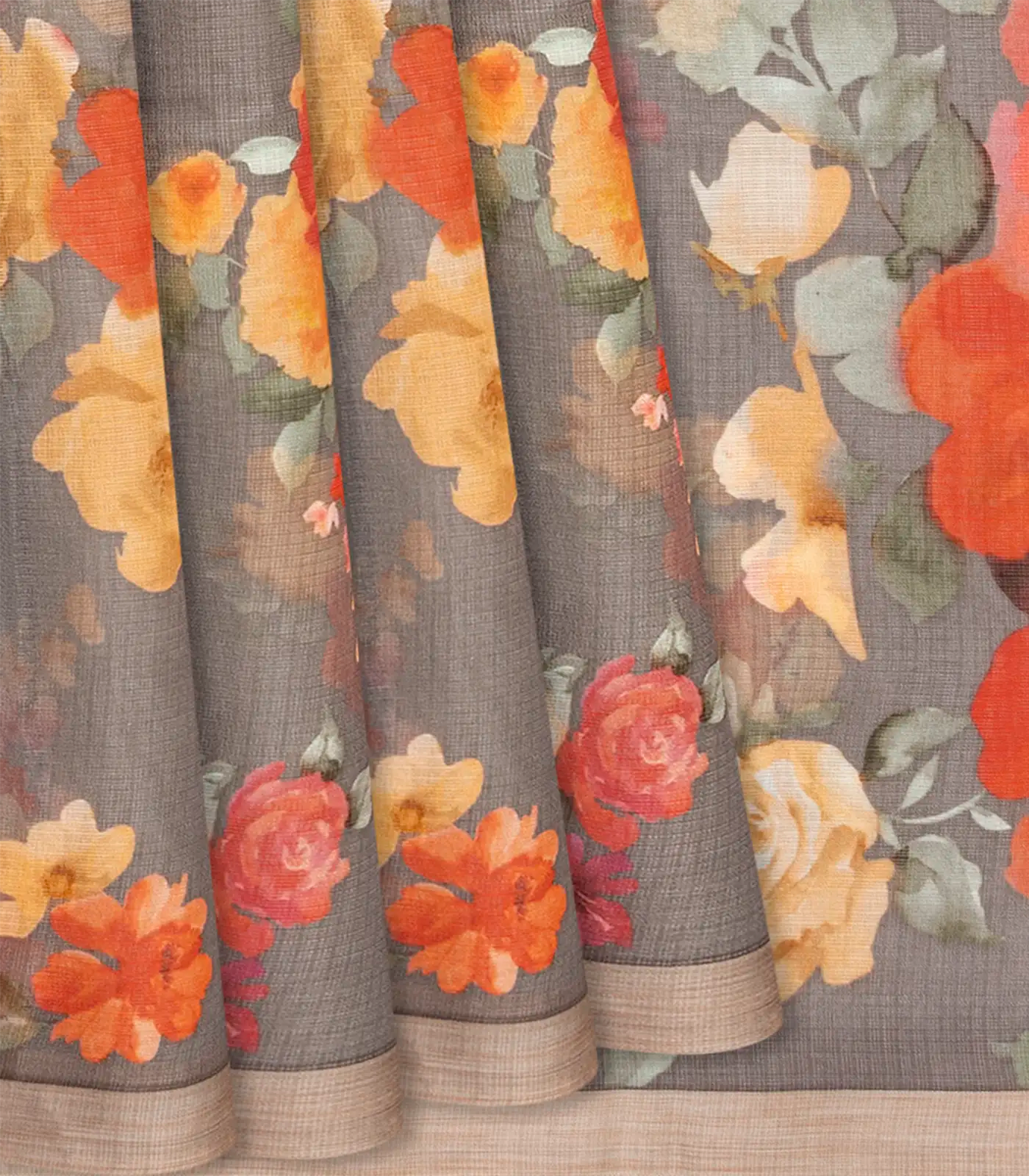 RmKV Grey Woven Kota Silk Saree With Printed Floral Motif-Grey