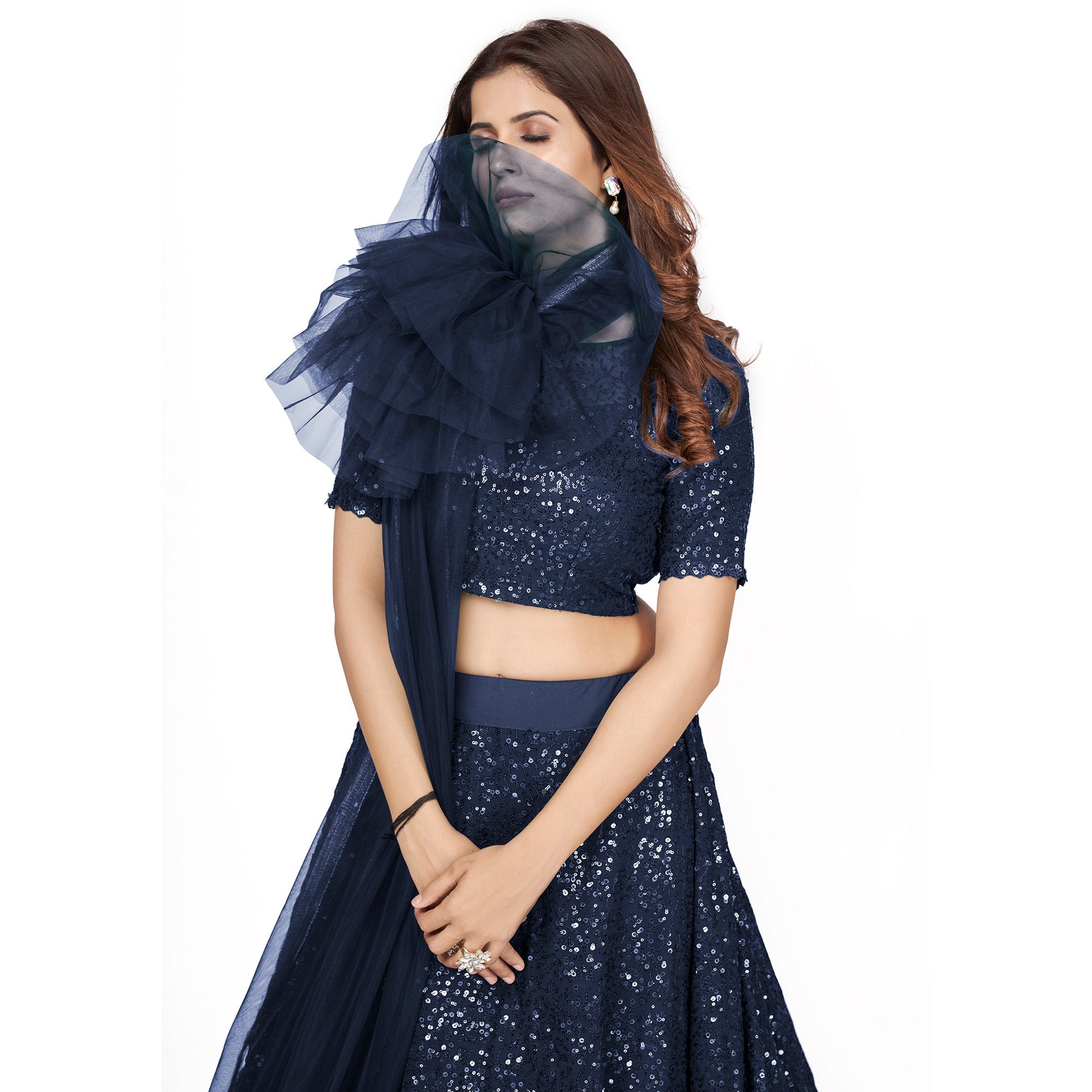 Peachmode Dark Blue Sequins Embroidered Georgette Lehenga Choli - view 5