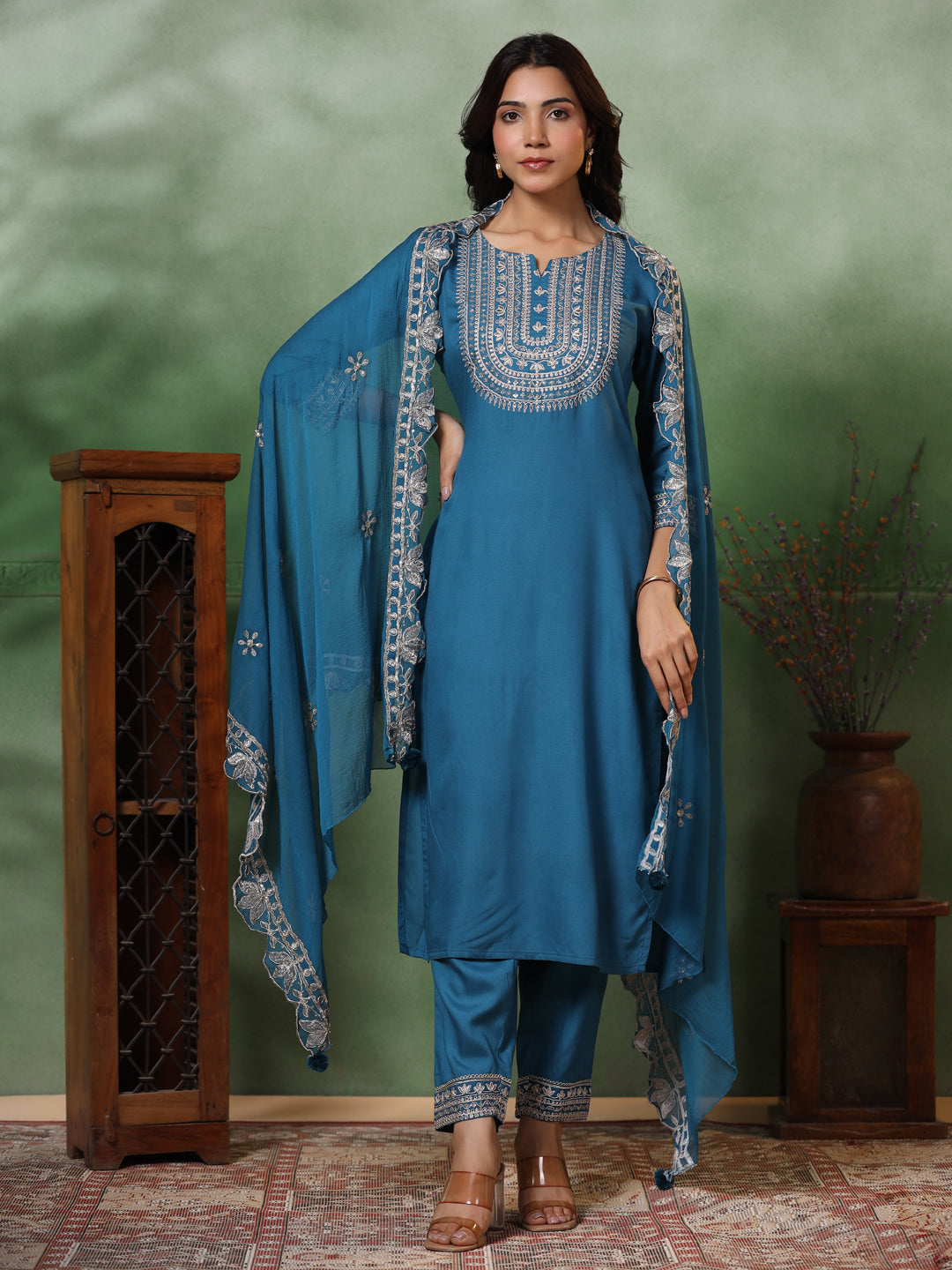 Fashor Solid Ethnic Embroidered Straight Kurta with Pant & Dupatta - Turquoise Blue
