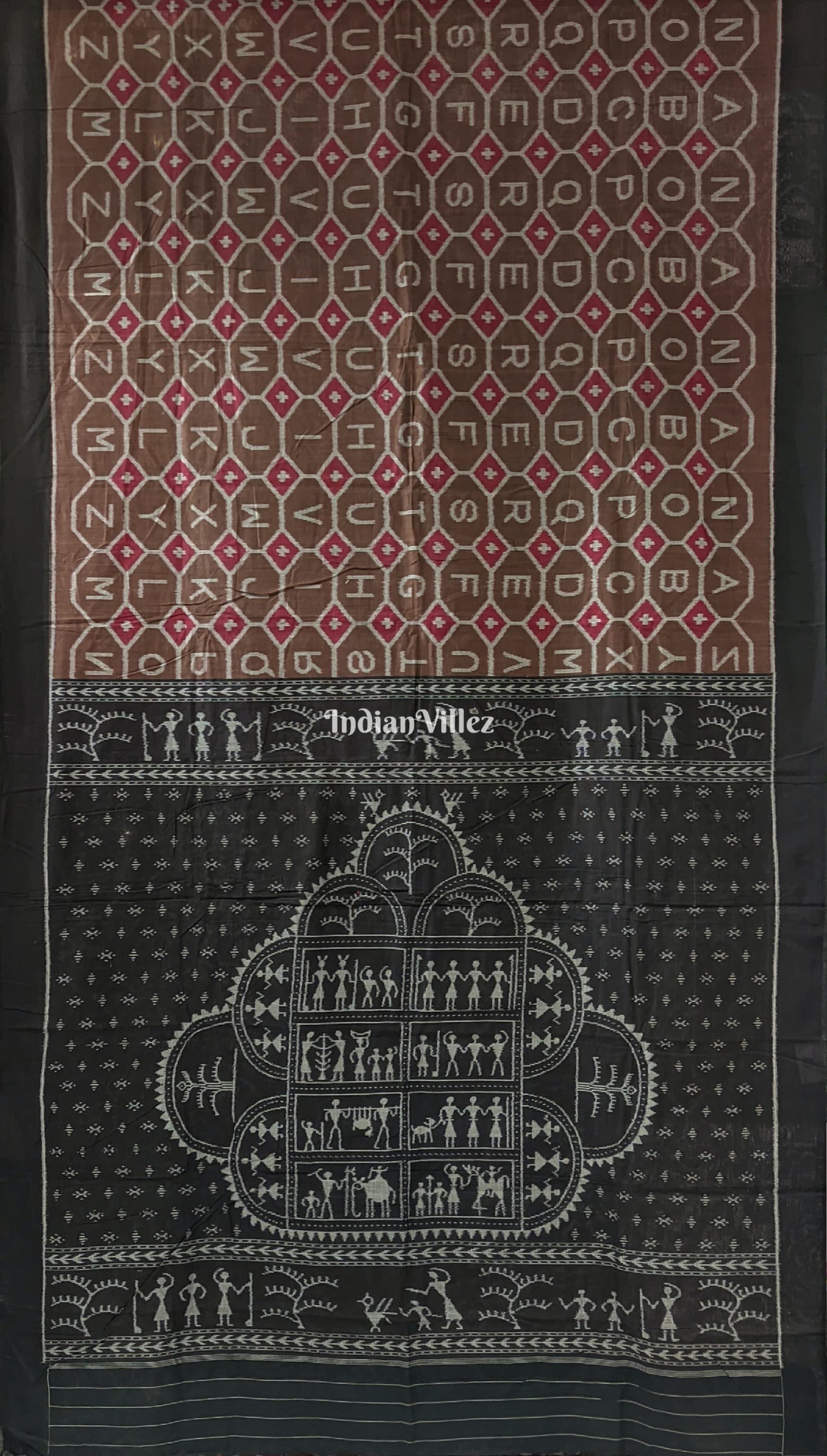 IndianVillèz English Alphabet Sambalpuri Pure Cotton Saree With Tribal Anchal