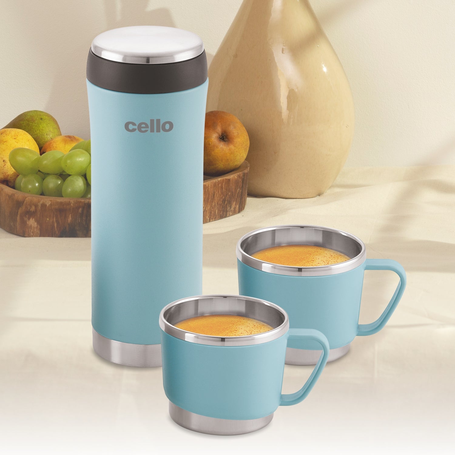 Cello My Cup Vacusteel Flask with Mugs Gift Set, 3 Pieces