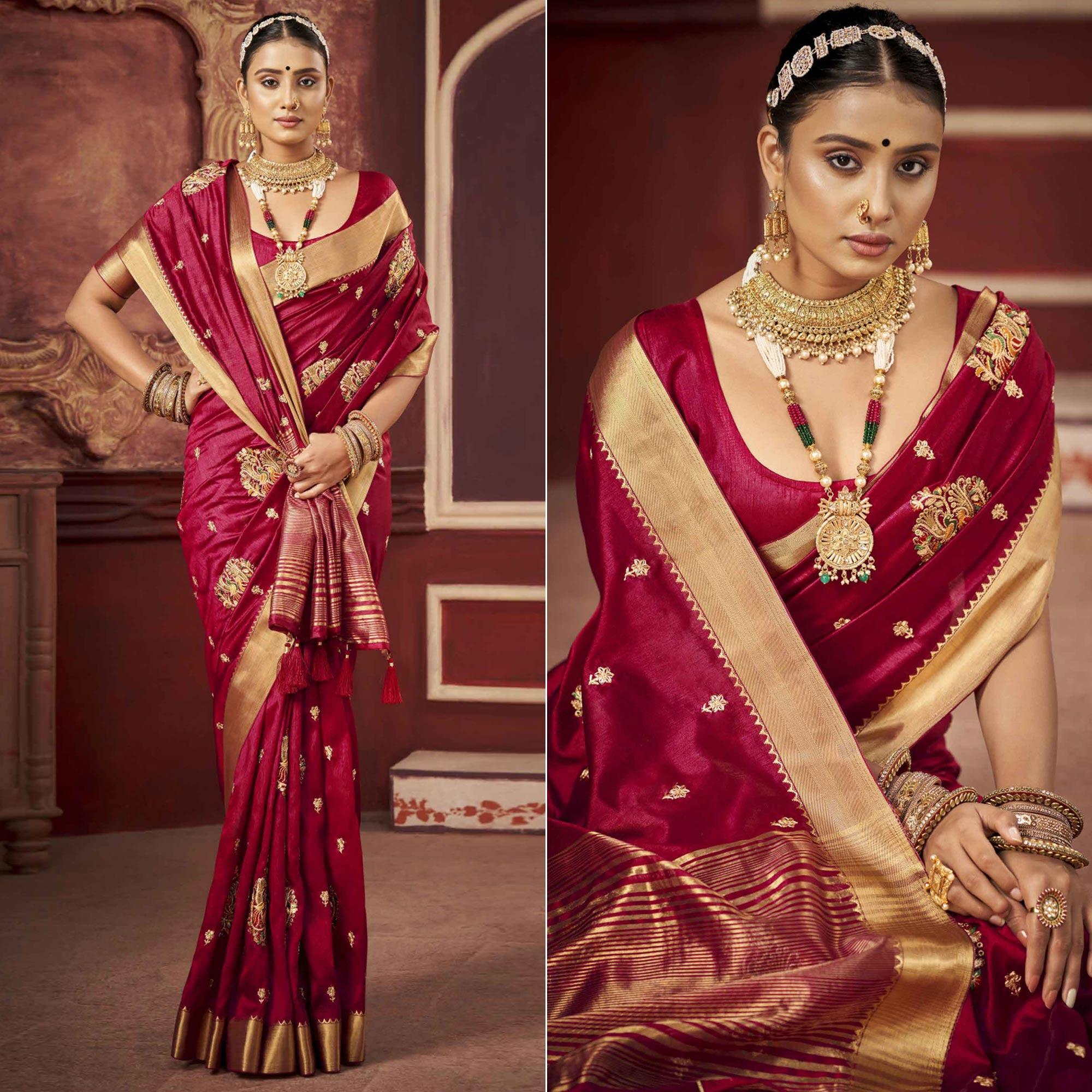 Peachmode Maroon Woven-Embroidered Raw Silk Saree With Tassels