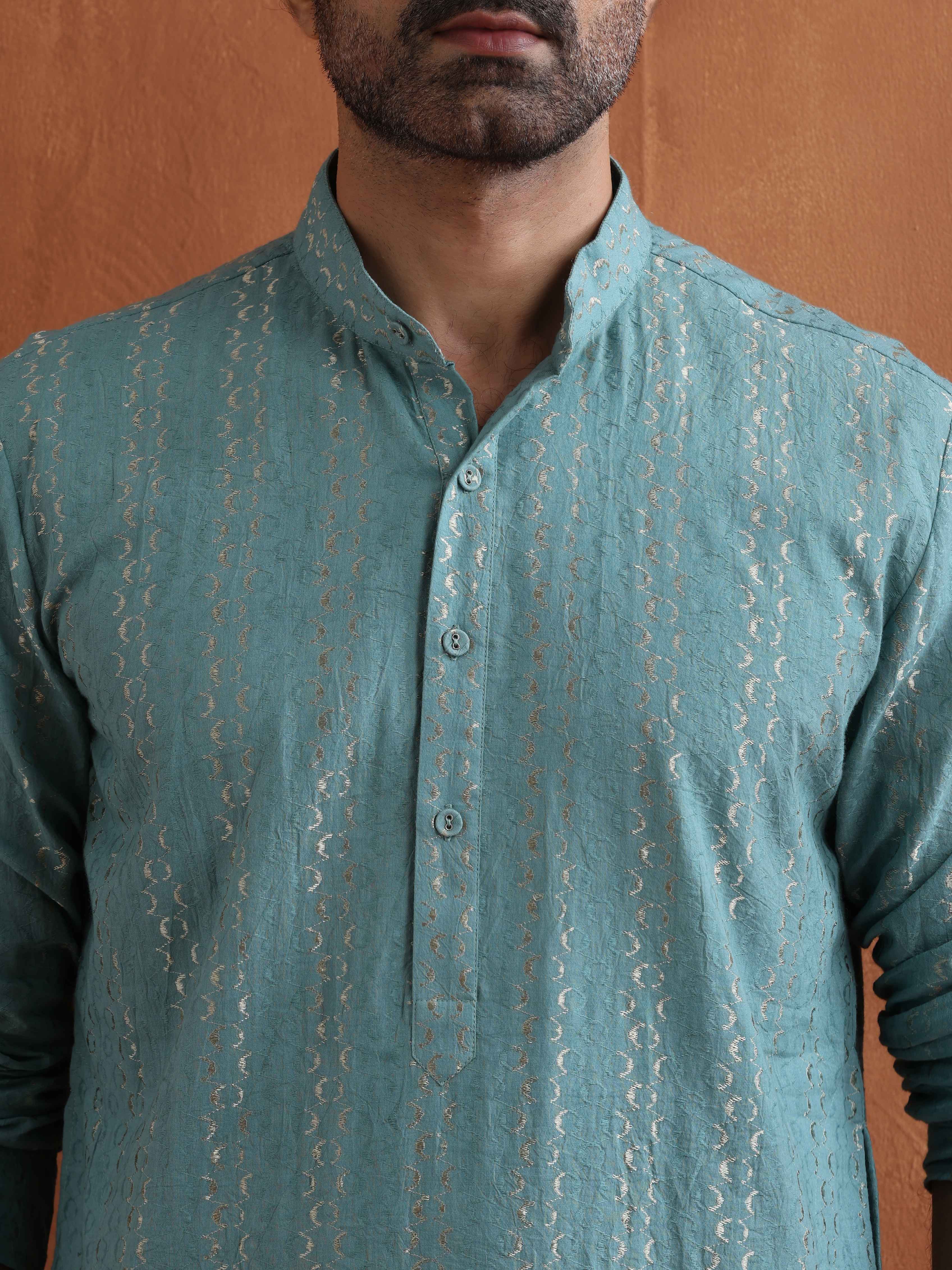 trueBrowns Men's Green Textured Cotton Dobby Kurta - view 4
