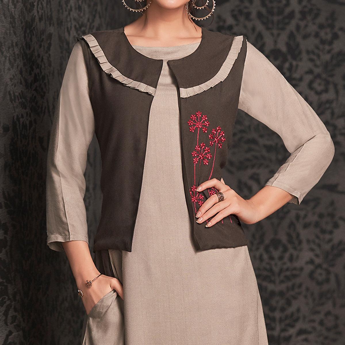 Peachmode Seller Eye-catching Light Gray Colored Partywear Embroidered Rayon Long Kurti With Koti - view 2